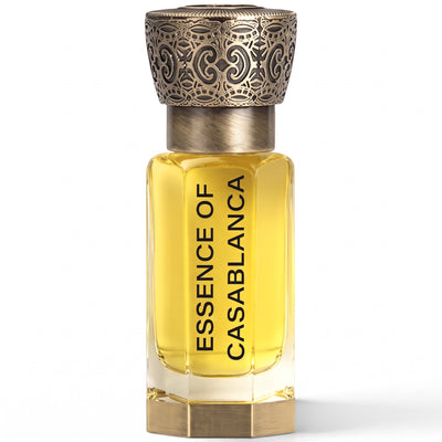 Ornate glass bottle of Essence of Casablanca perfume oil with engraved metallic cap