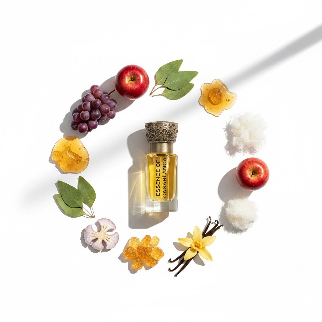 Essence of Casablanca fragrance notes: grapes, apple, vanilla, amber and musk