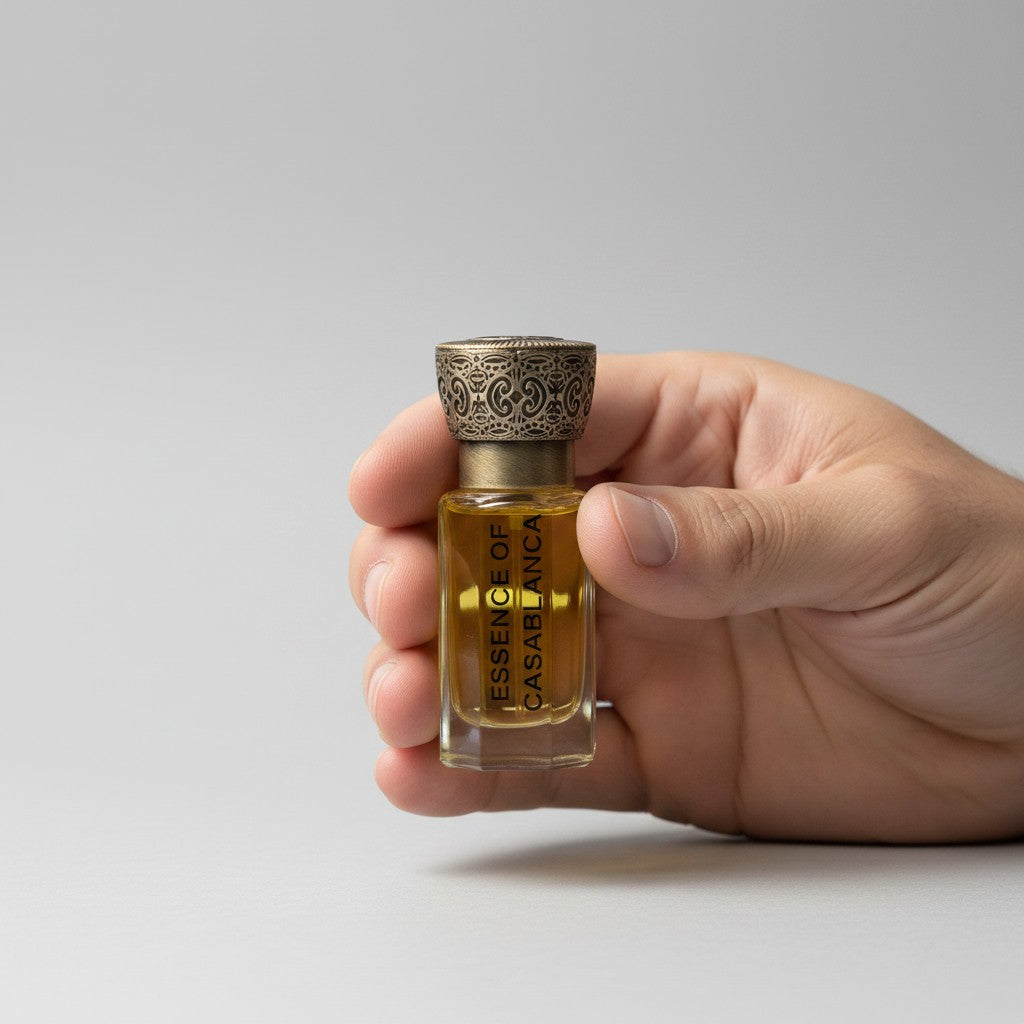 Hand holding the Essence of Casablanca perfume oil bottle by Swiss Arabian to show scale