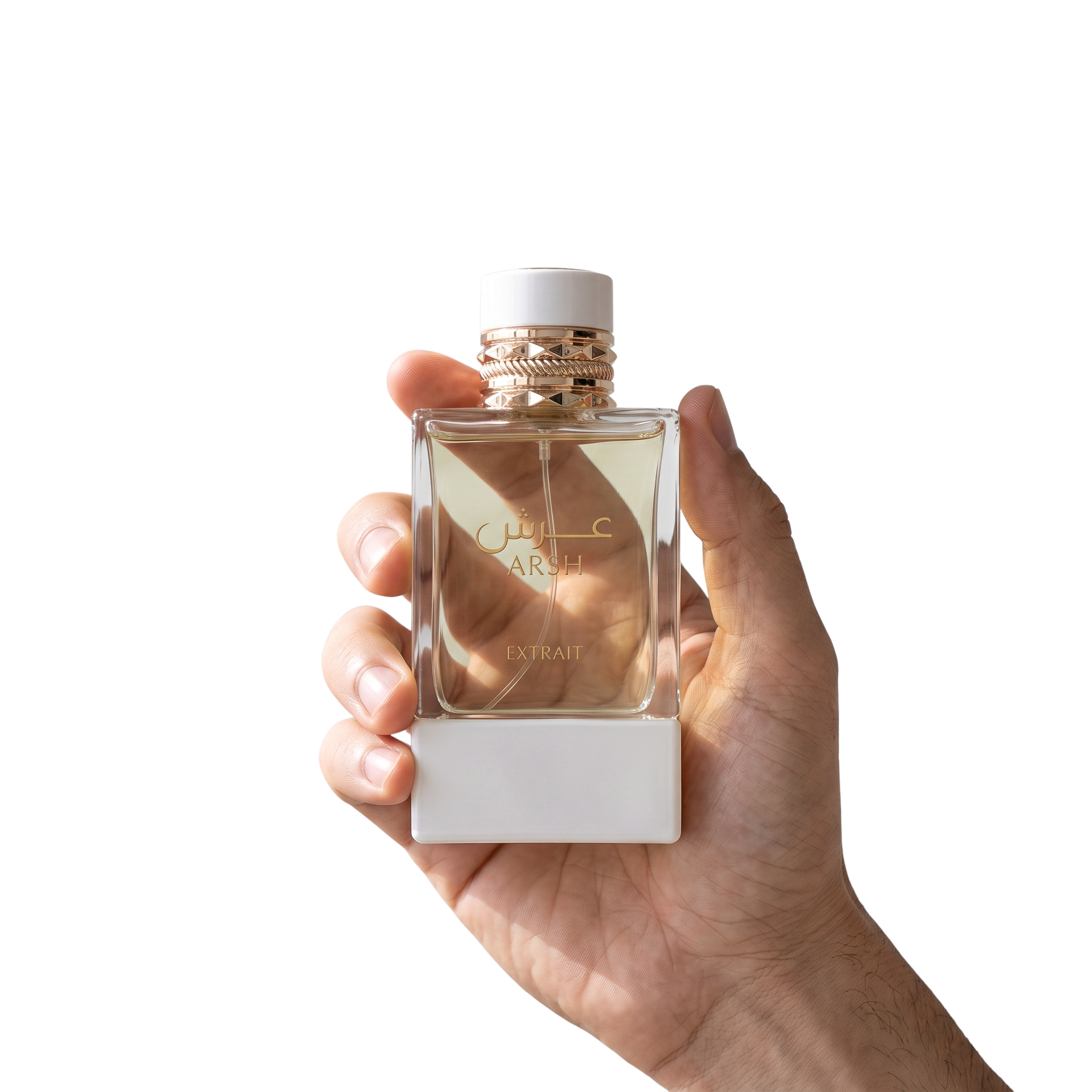 Palette 21 FRENCH AVENUE Arsh Extrait de Parfum held in hand, featuring a glass bottle with gold and white accents.