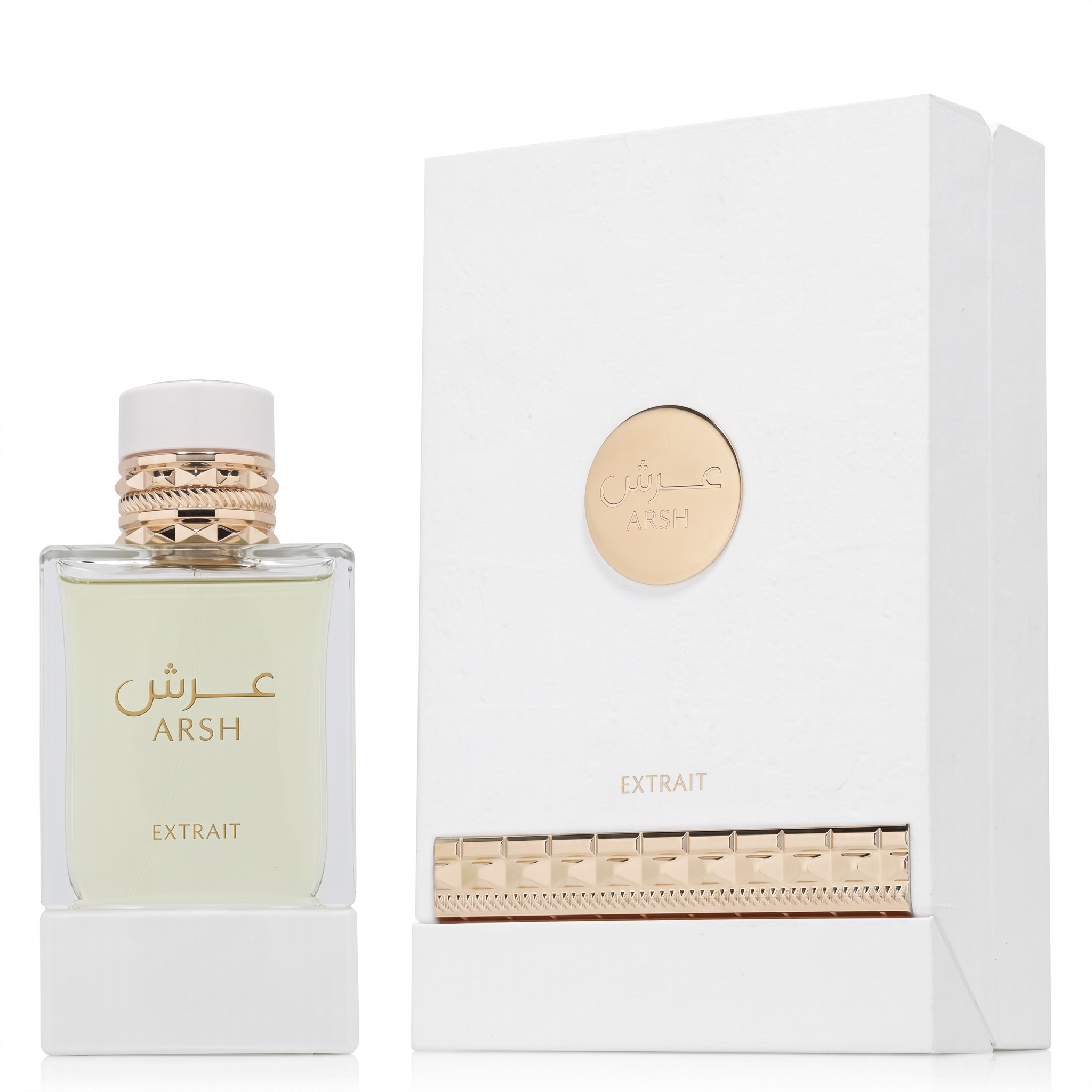 Palette 21 FRENCH AVENUE Arsh Extrait de Parfum bottle and white textured presentation box with gold accents