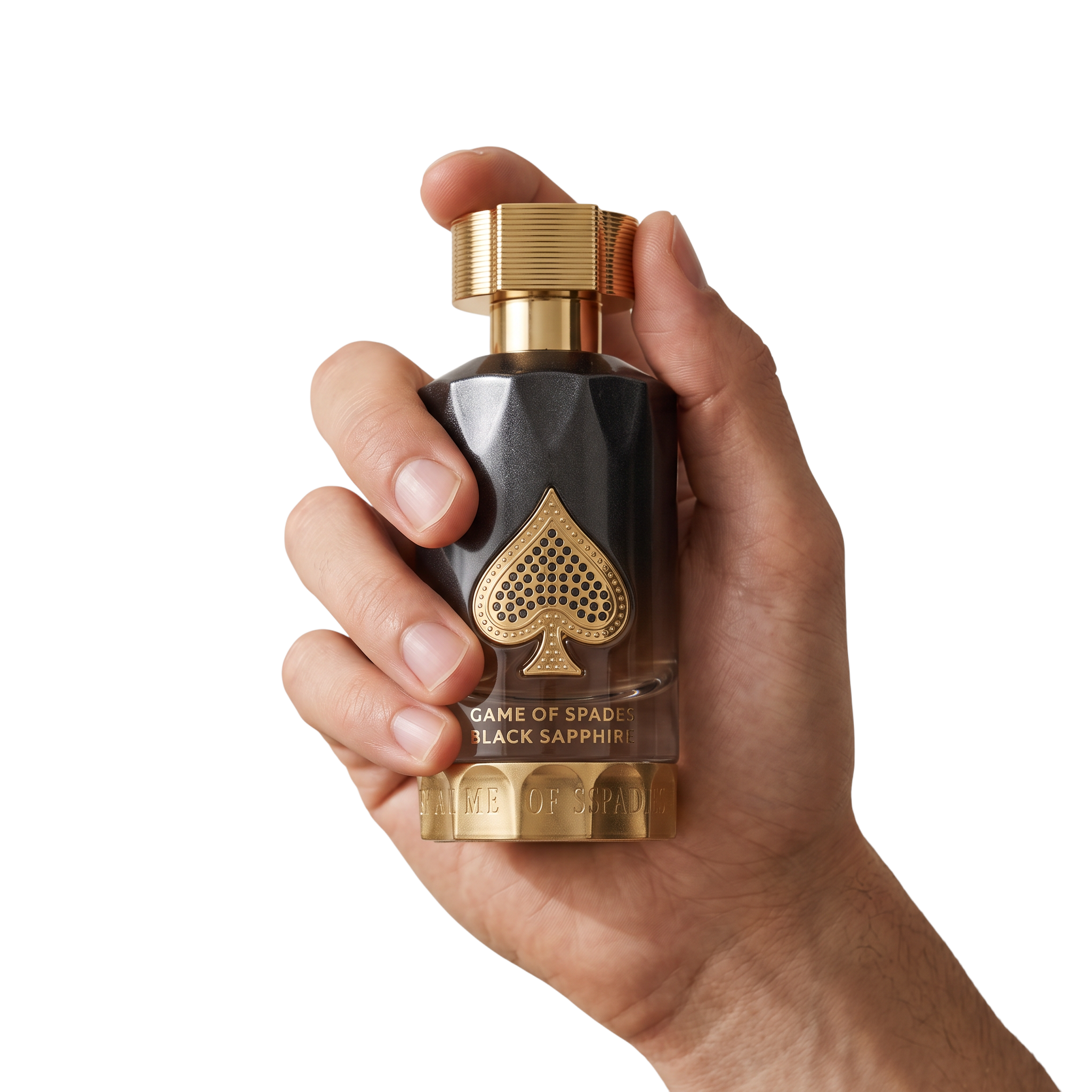 Palette 21 GAME OF SPADES Black Sapphire perfume bottle with gold spade emblem held in a hand