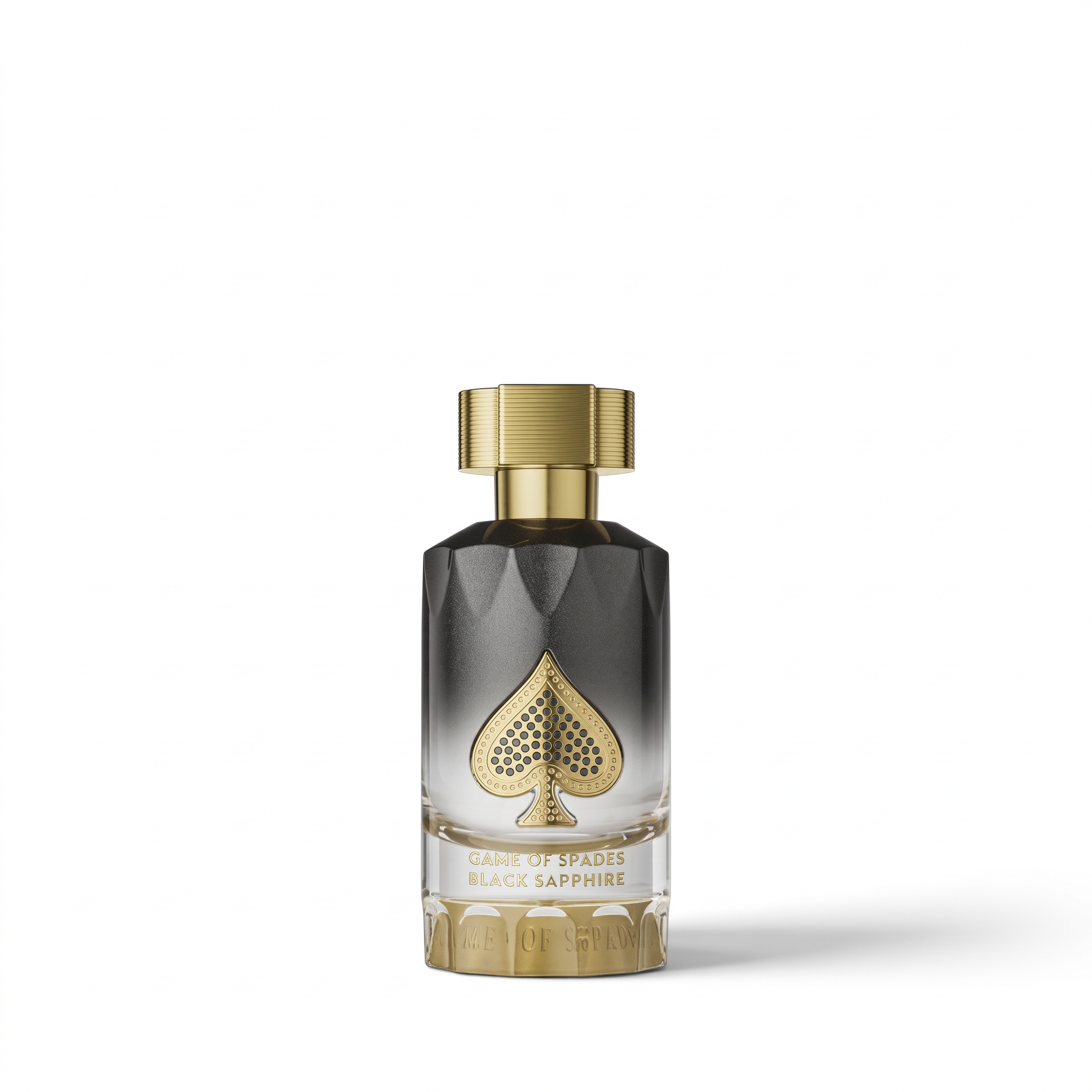 Palette 21 Game of Spades Black Sapphire perfume bottle with a black and clear gradient glass and gold spade emblem.