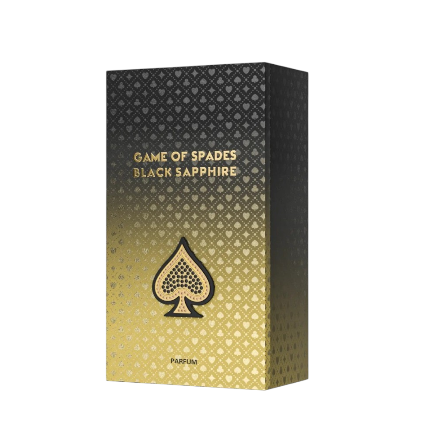 Palette 21 GAME OF SPADES Black Sapphire eau de parfum box with a black and gold gradient and spade emblem