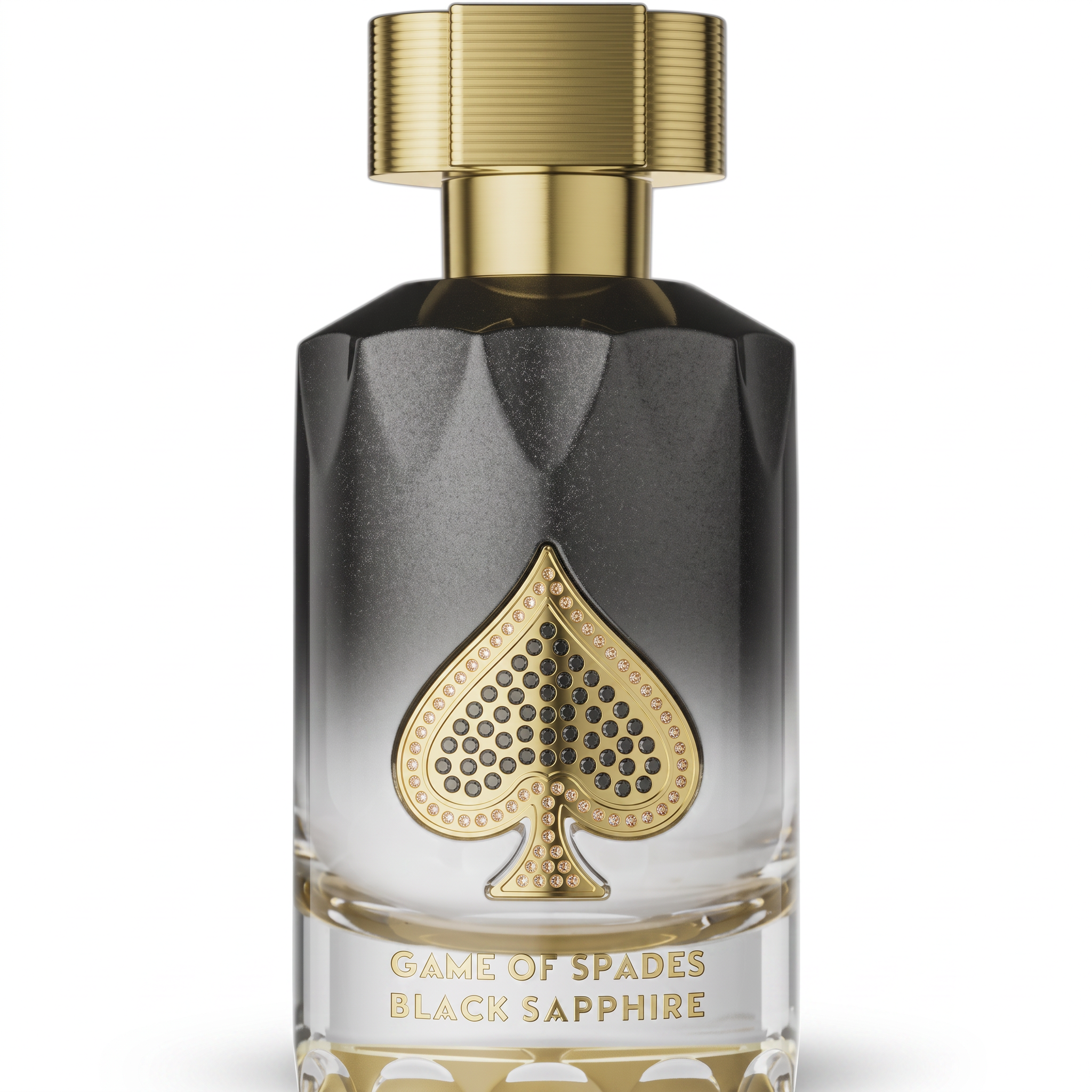 Palette 21 Game of Spades Black Sapphire perfume bottle with a gold cap and a spade emblem on a black ombre glass.