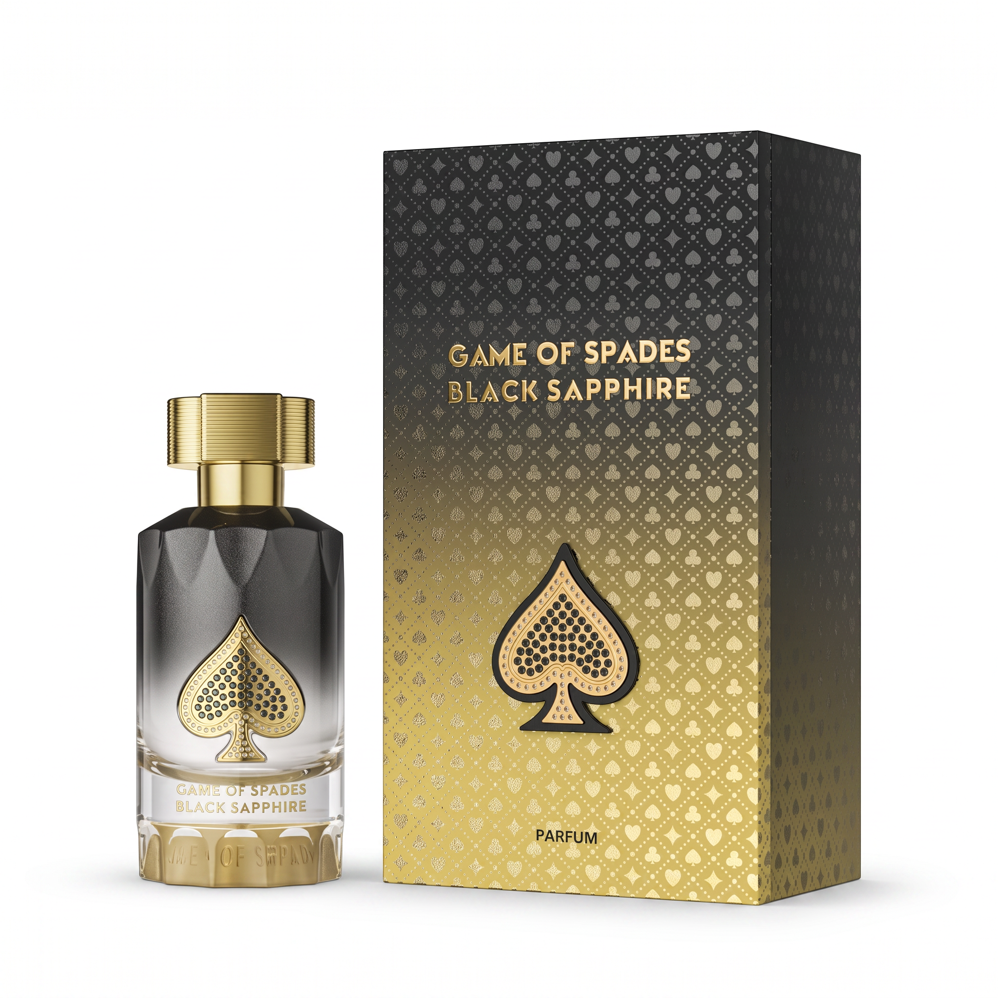 Palette 21 GAME OF SPADES Black Sapphire perfume bottle and box with gold spade emblem and gradient black finish