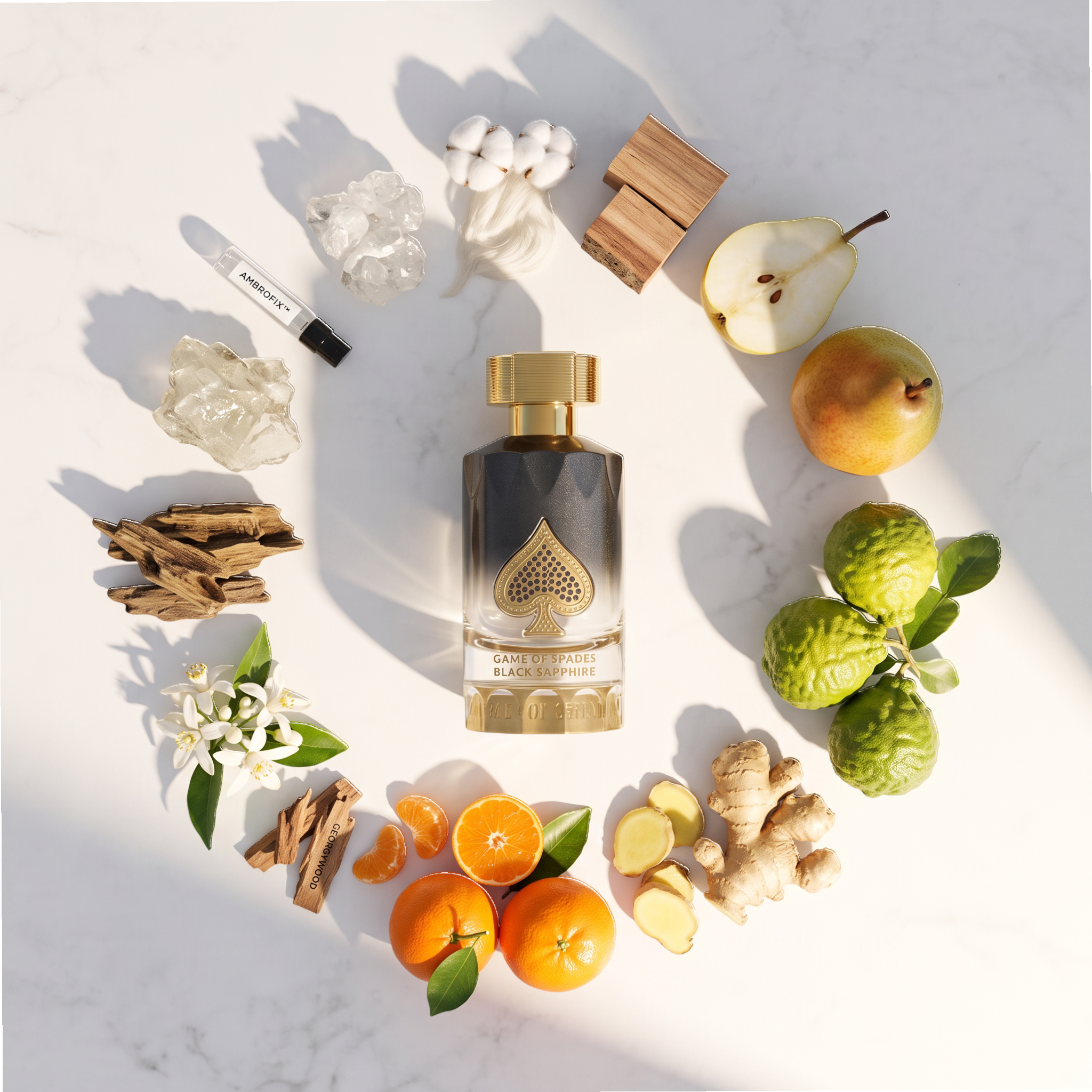 Palette 21 GAME OF SPADES Black Sapphire perfume bottle surrounded by ingredients like pear, bergamot, and ginger.