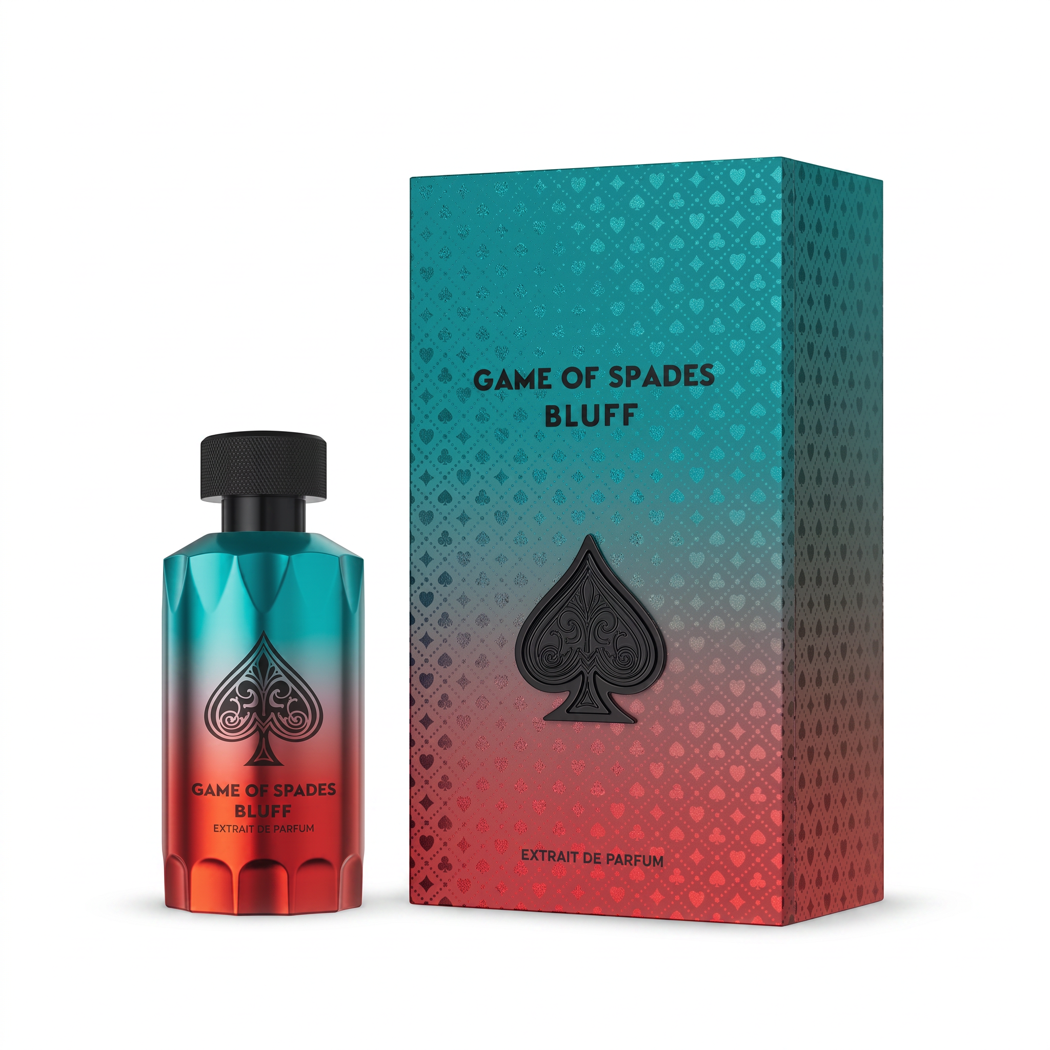 Palette 21 Game of Spades Bluff Extrait de Parfum bottle and box with teal to red gradient and spade emblem
