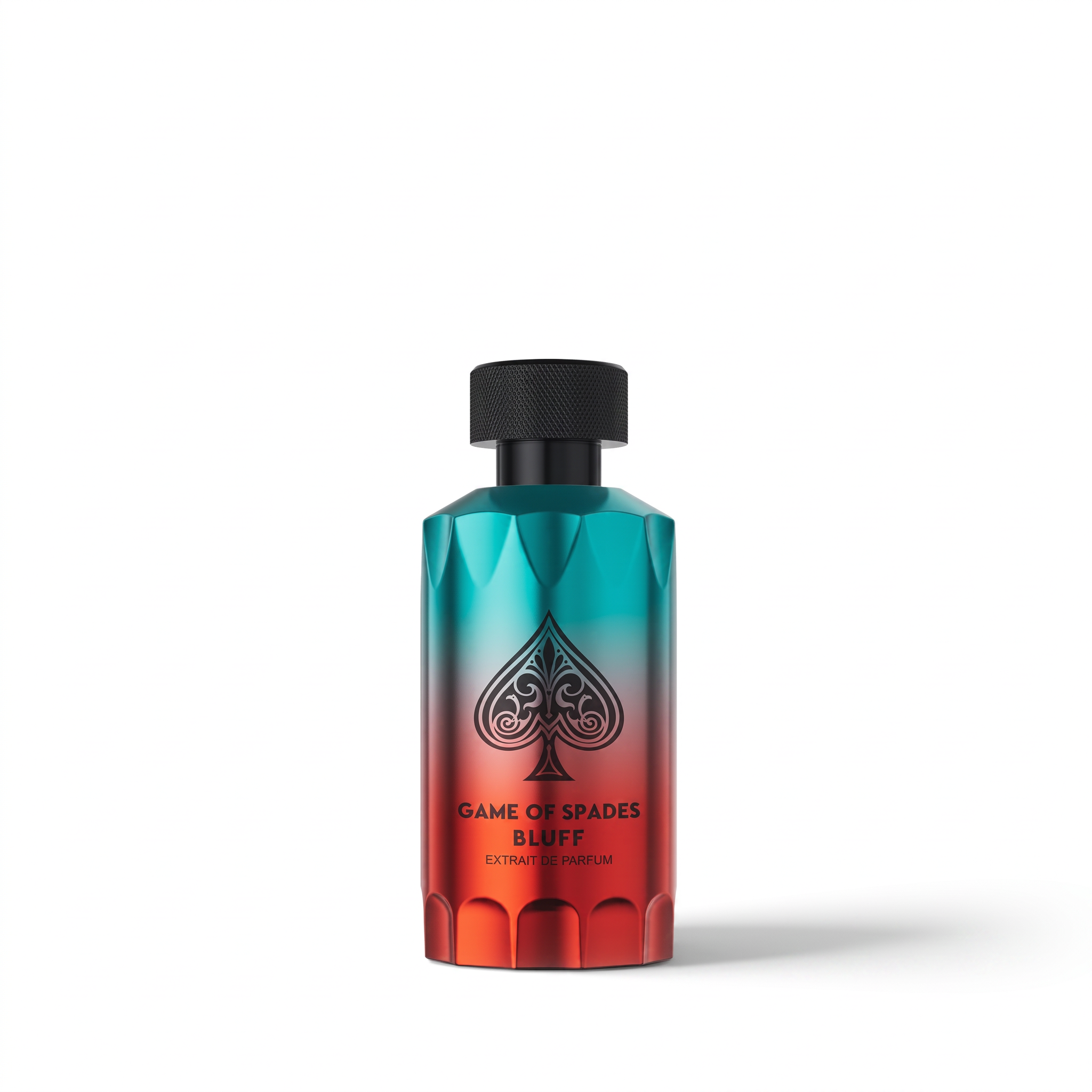 Palette 21 Game of Spades Bluff Extrait de Parfum in a teal to red gradient bottle with a black spade emblem.