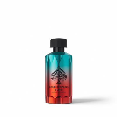 Game of Spades Bluff Extrait de Parfum 3.4 oz teal and red gradient bottle