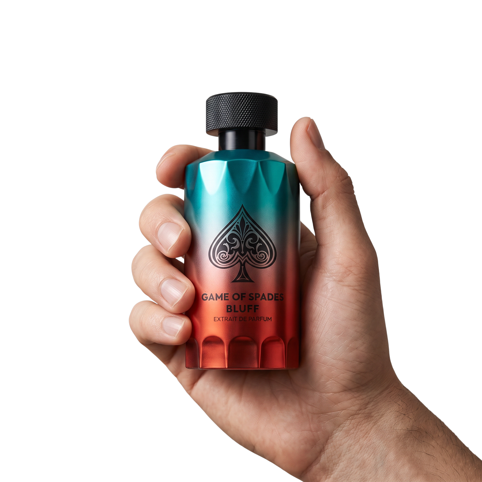 Palette 21 Game of Spades Bluff Extrait de Parfum held in hand, featuring a teal to red gradient bottle with spade logo