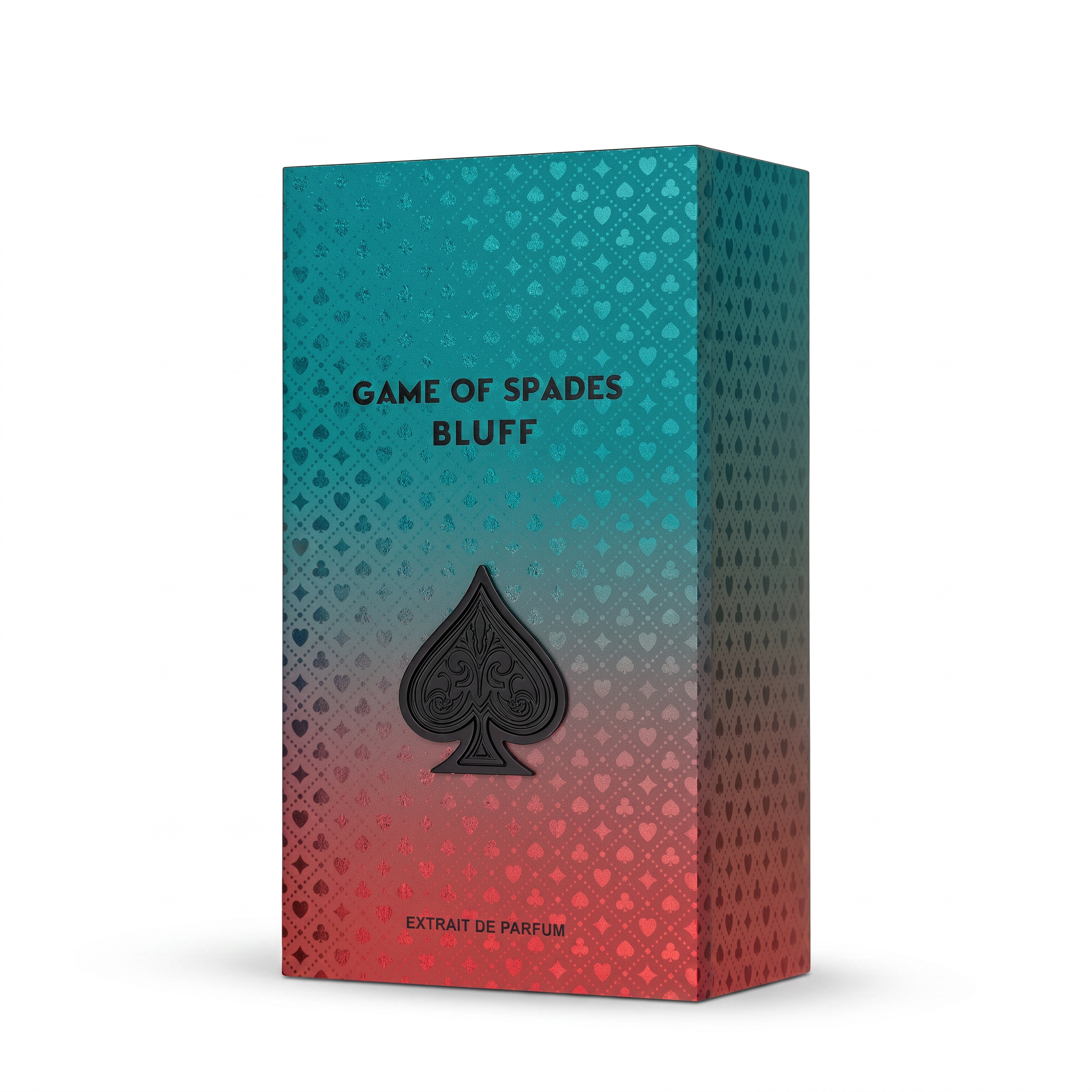 Palette 21 Game of Spades Bluff Extrait de Parfum box with a teal to red gradient and embossed card suit pattern.