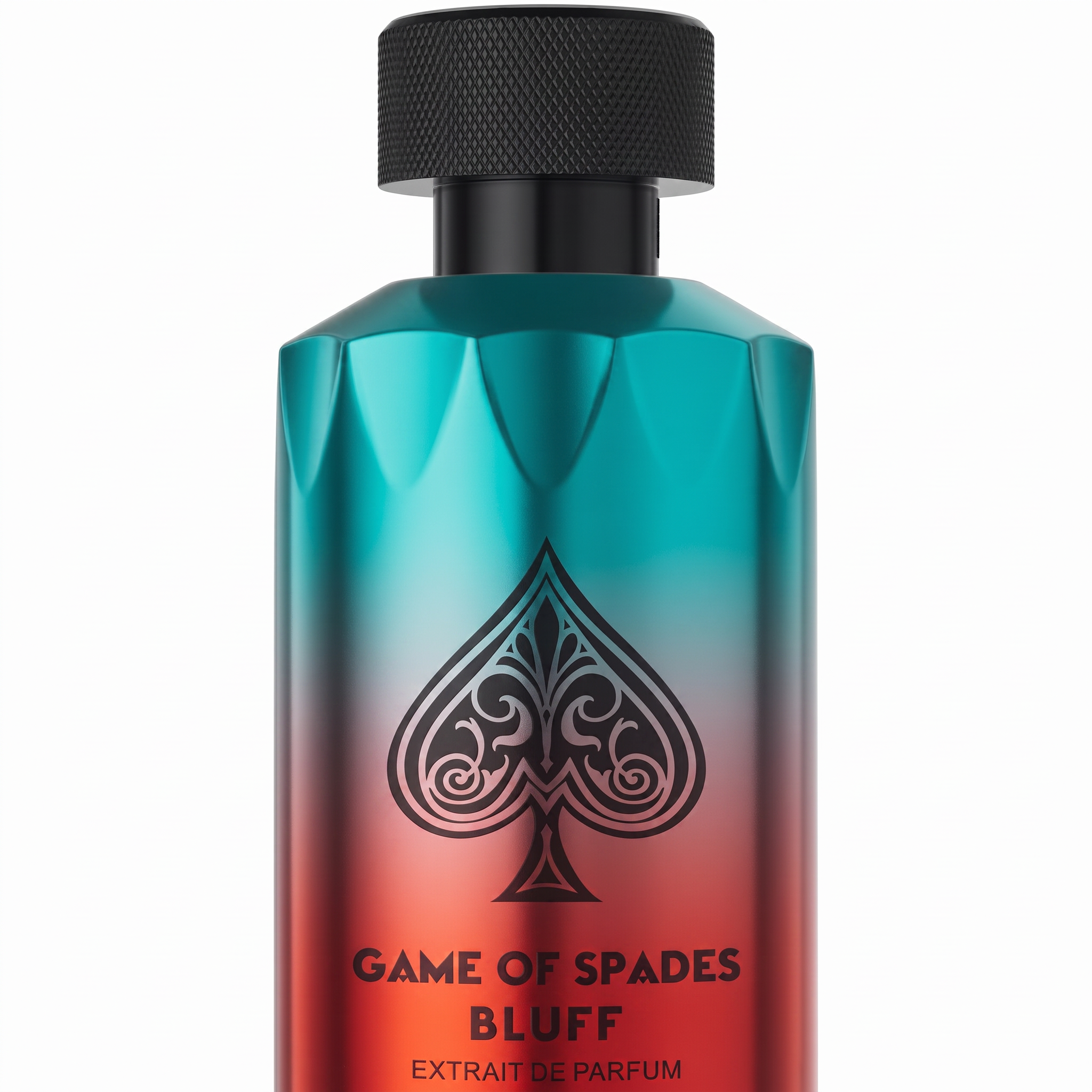 Palette 21 Game of Spades Bluff Extrait de Parfum in a teal to red gradient bottle with a black spade logo and cap.