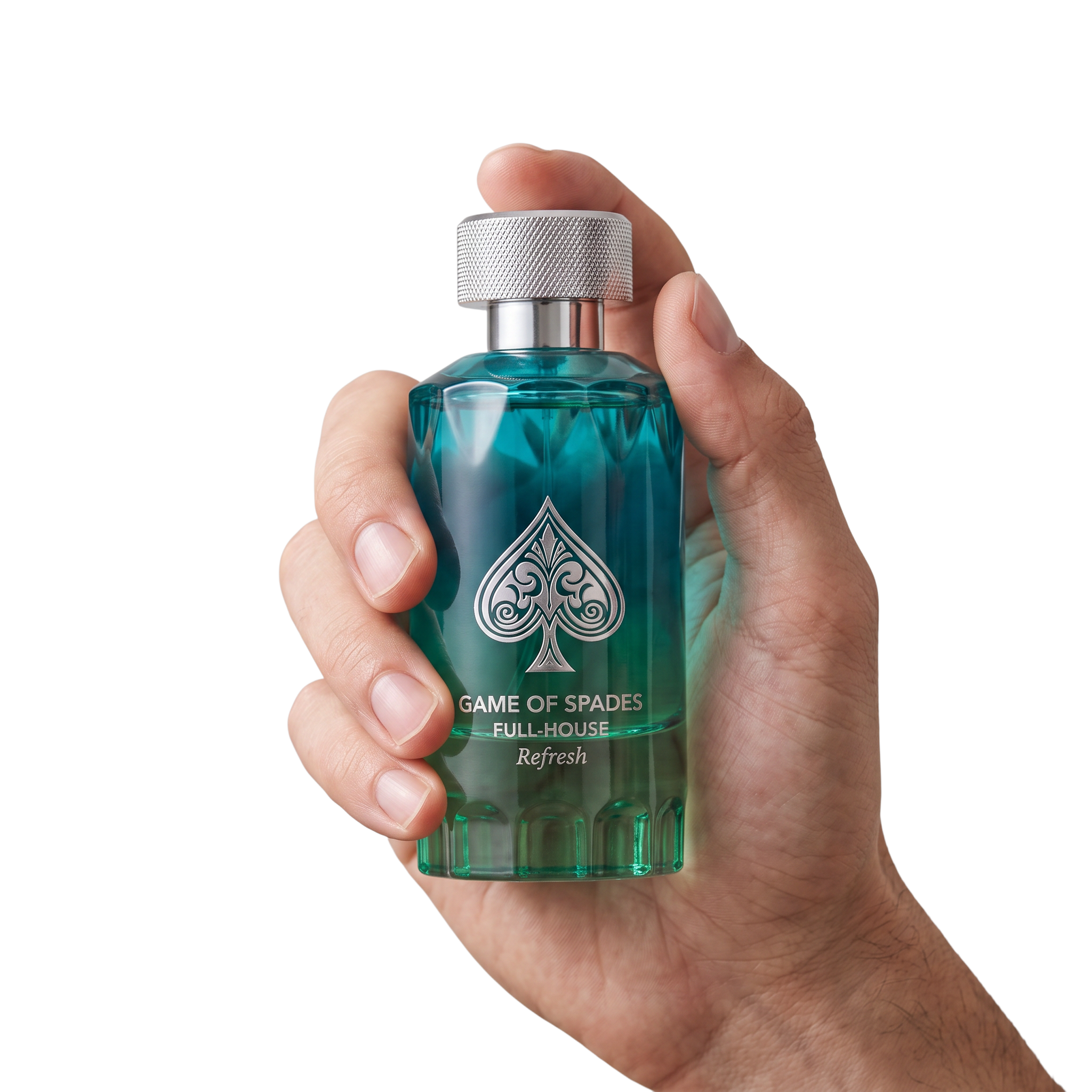 Palette 21 Game of Spades Full-House Refresh Extrait de Parfum in a blue-to-green gradient bottle held in a hand.