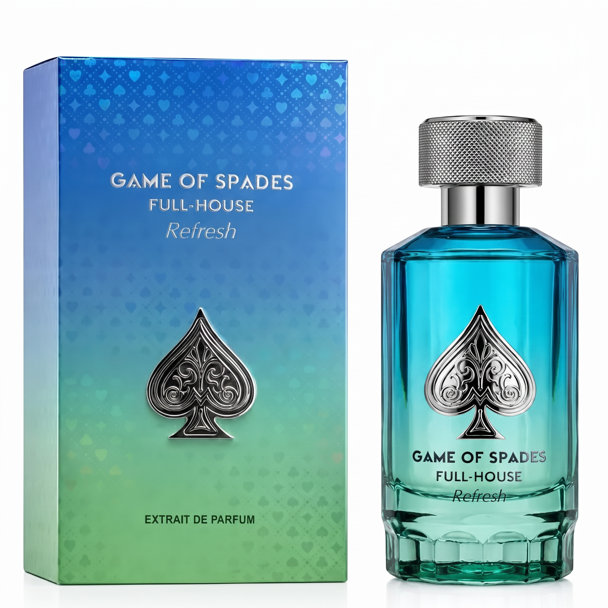 Palette 21 GAME OF SPADES Full-House Refresh Extrait de Parfum bottle and box with blue to lime green gradient design.