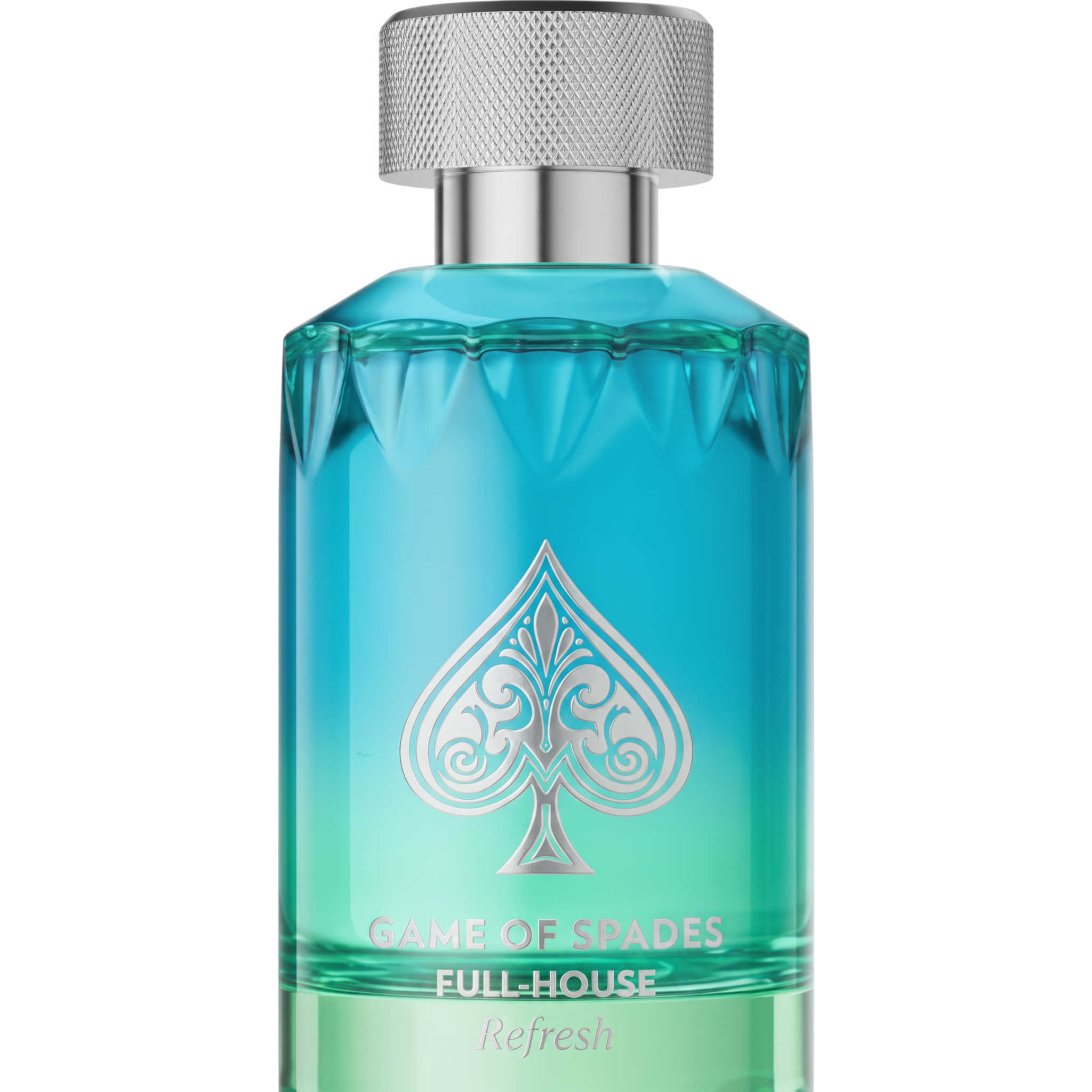 Palette 21 GAME OF SPADES Full-House Refresh perfume in a blue to lime green gradient bottle with a silver cap.