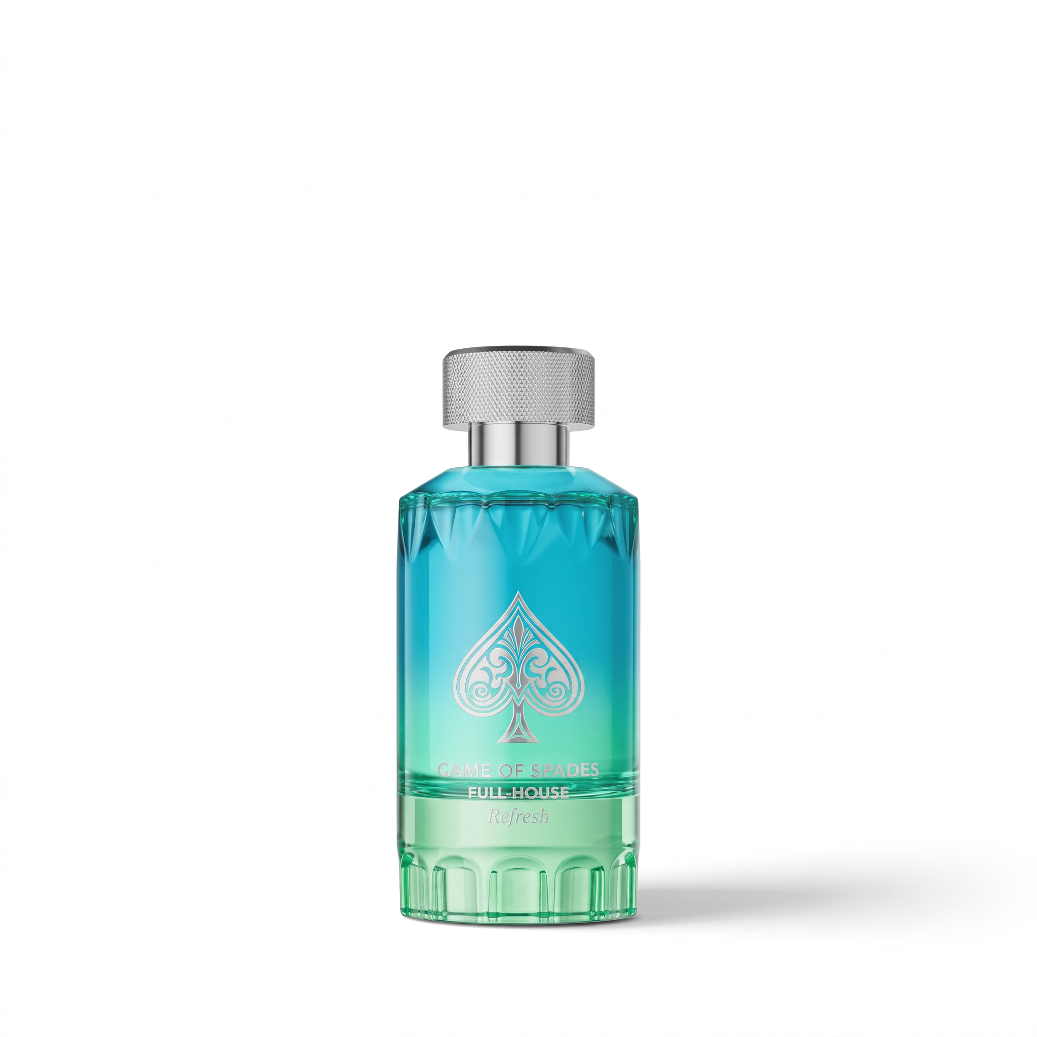 Palette 21 GAME OF SPADES Full-House Refresh perfume bottle with a blue to lime green gradient and silver cap.