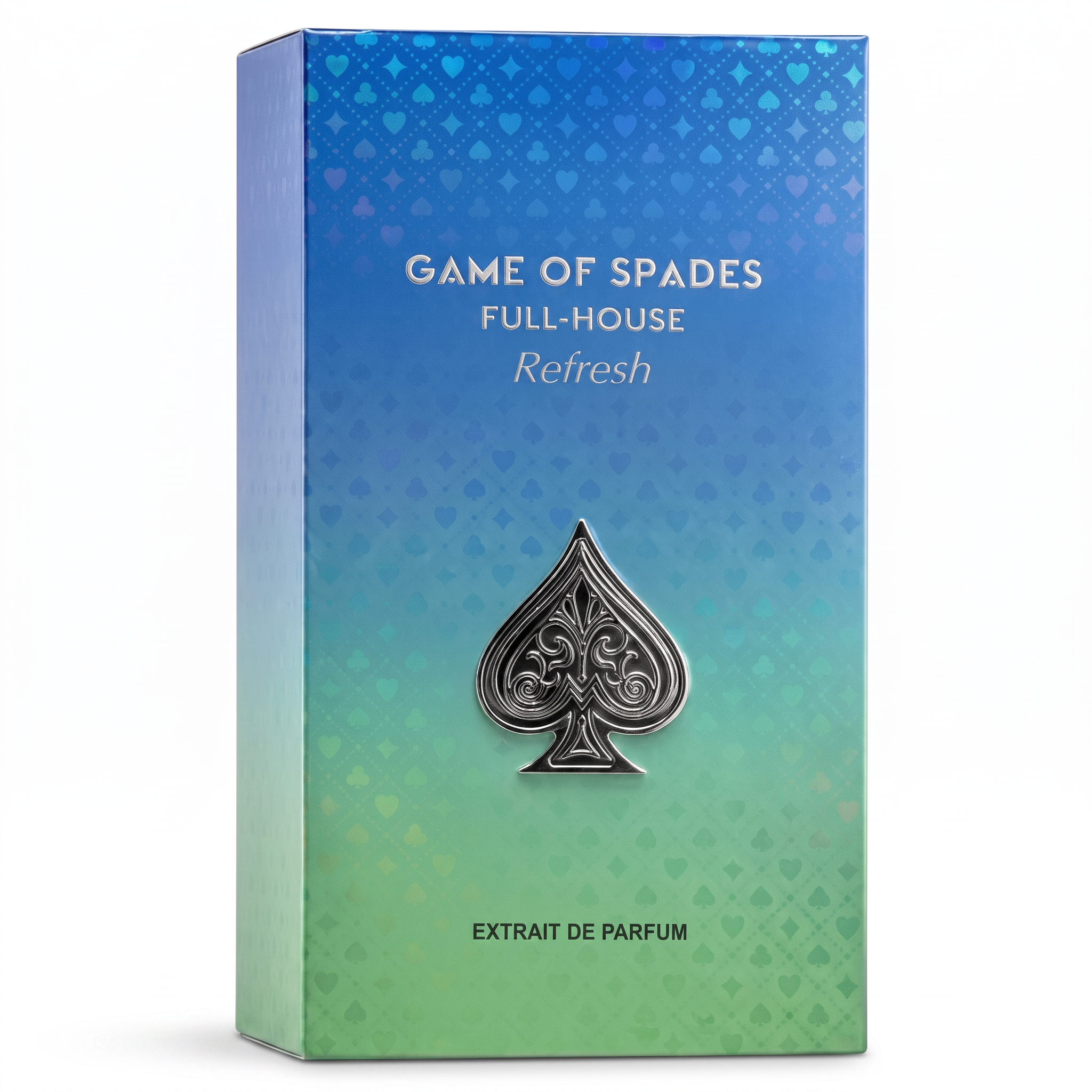 Palette 21 GAME OF SPADES Full-House Refresh Extrait de Parfum box with blue to lime green gradient and spade emblem