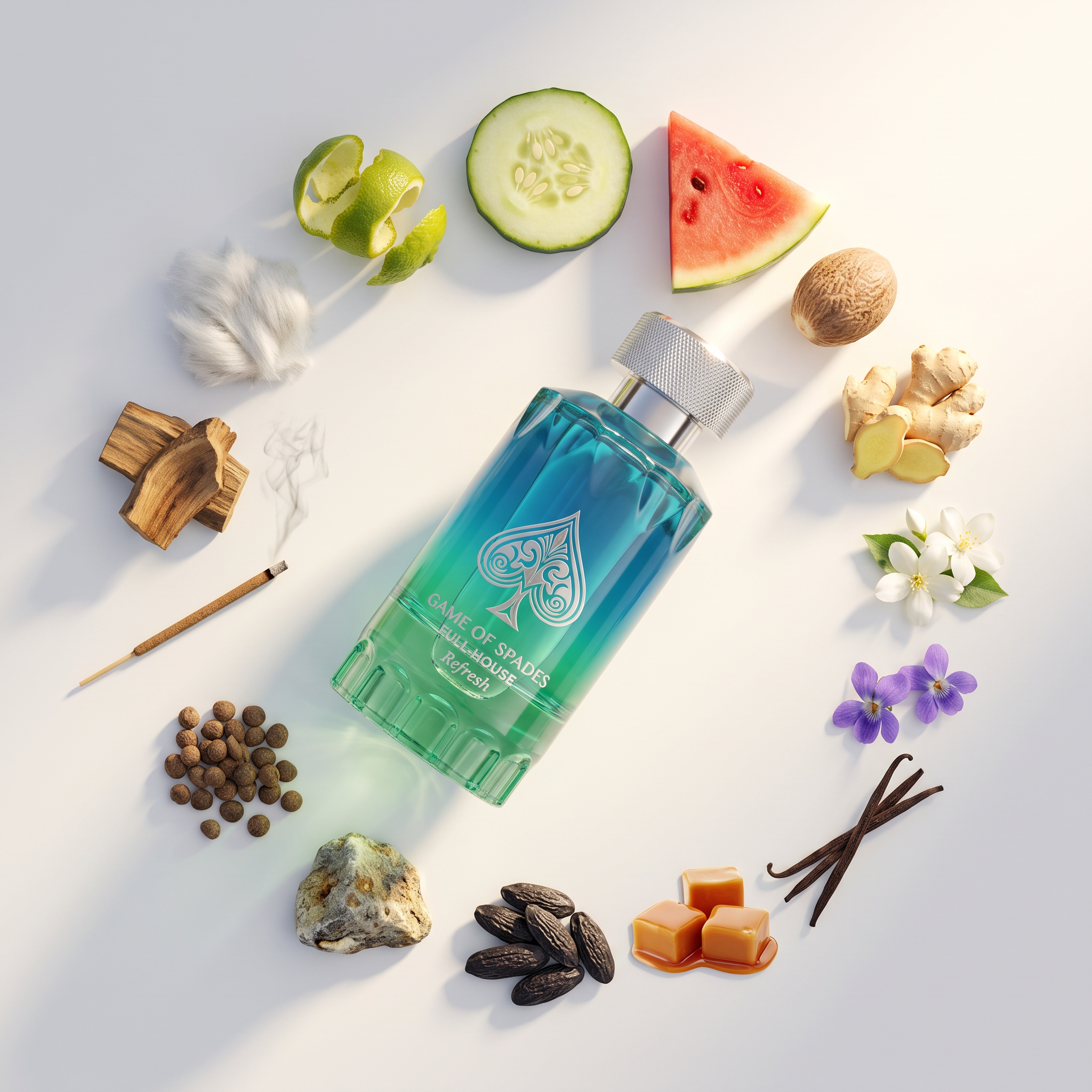 Palette 21 GAME OF SPADES Full-House Refresh perfume bottle surrounded by fresh ingredients like cucumber and ginger.