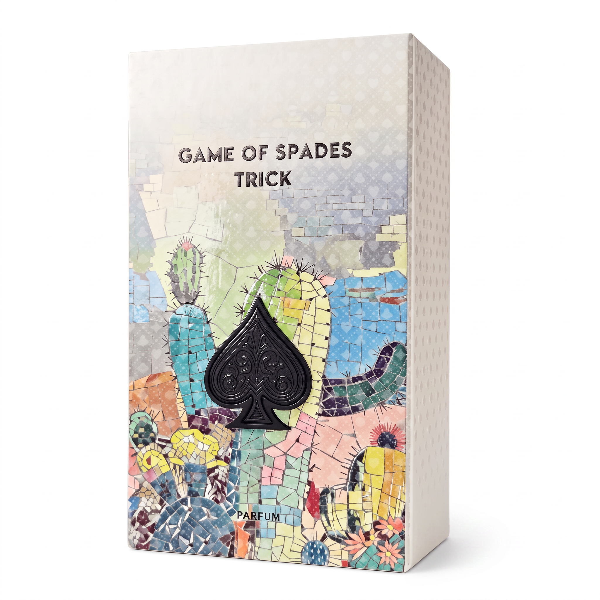Palette 21 Jo Milano Game of Spades Trick eau de parfum box with a colorful mosaic cactus design and black spade icon.
