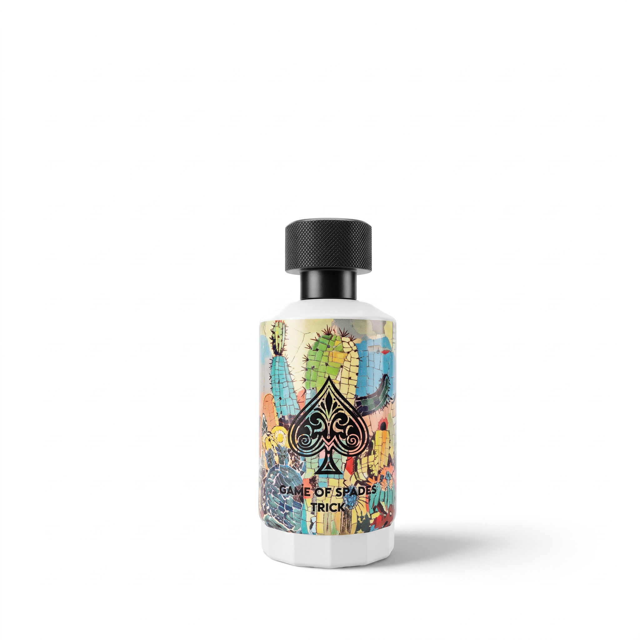 Palette 21 Jo Milano Game of Spades Trick eau de parfum in a white bottle with a colorful mosaic cactus design