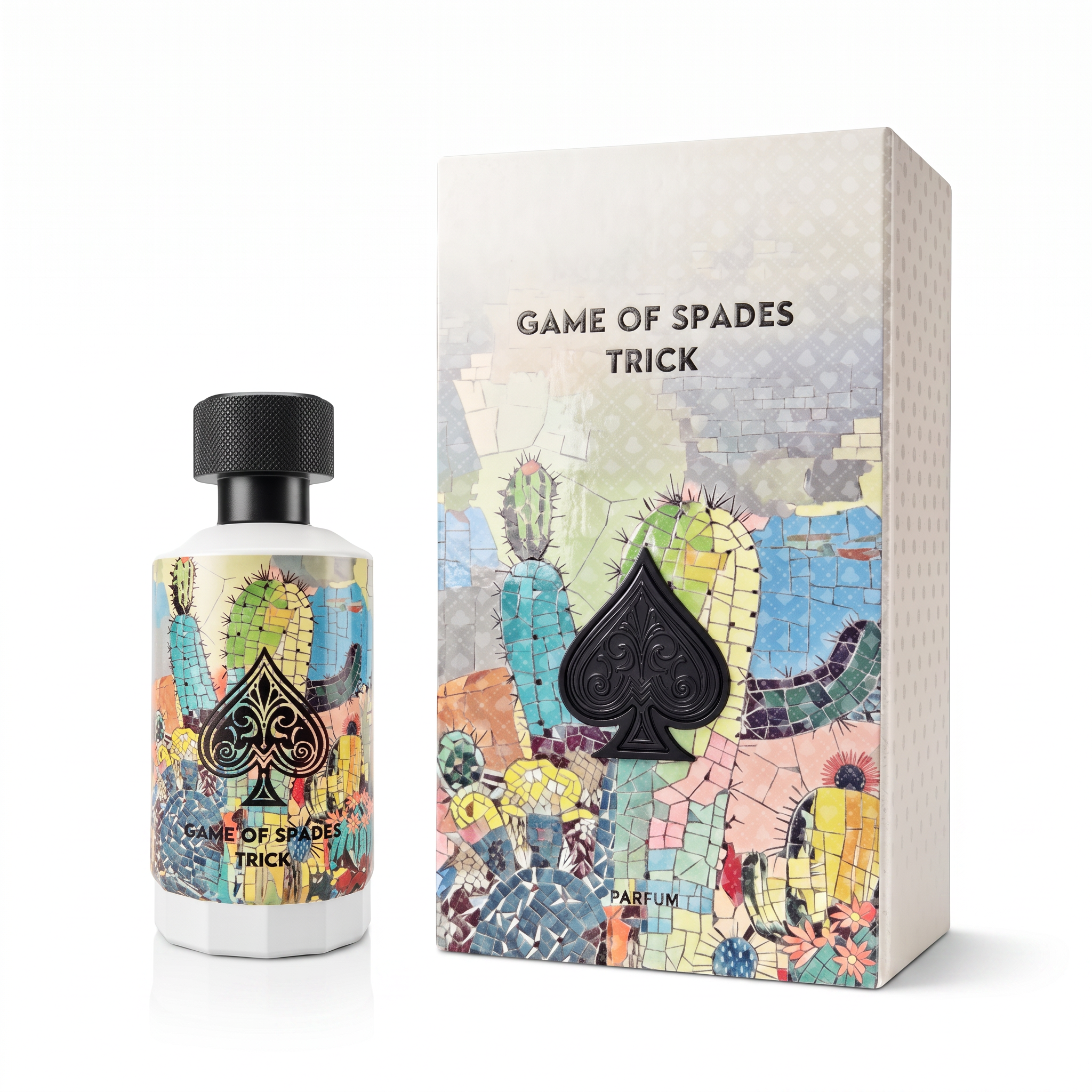 Palette 21 Jo Milano Game of Spades Trick eau de parfum bottle and box with colorful mosaic cactus design