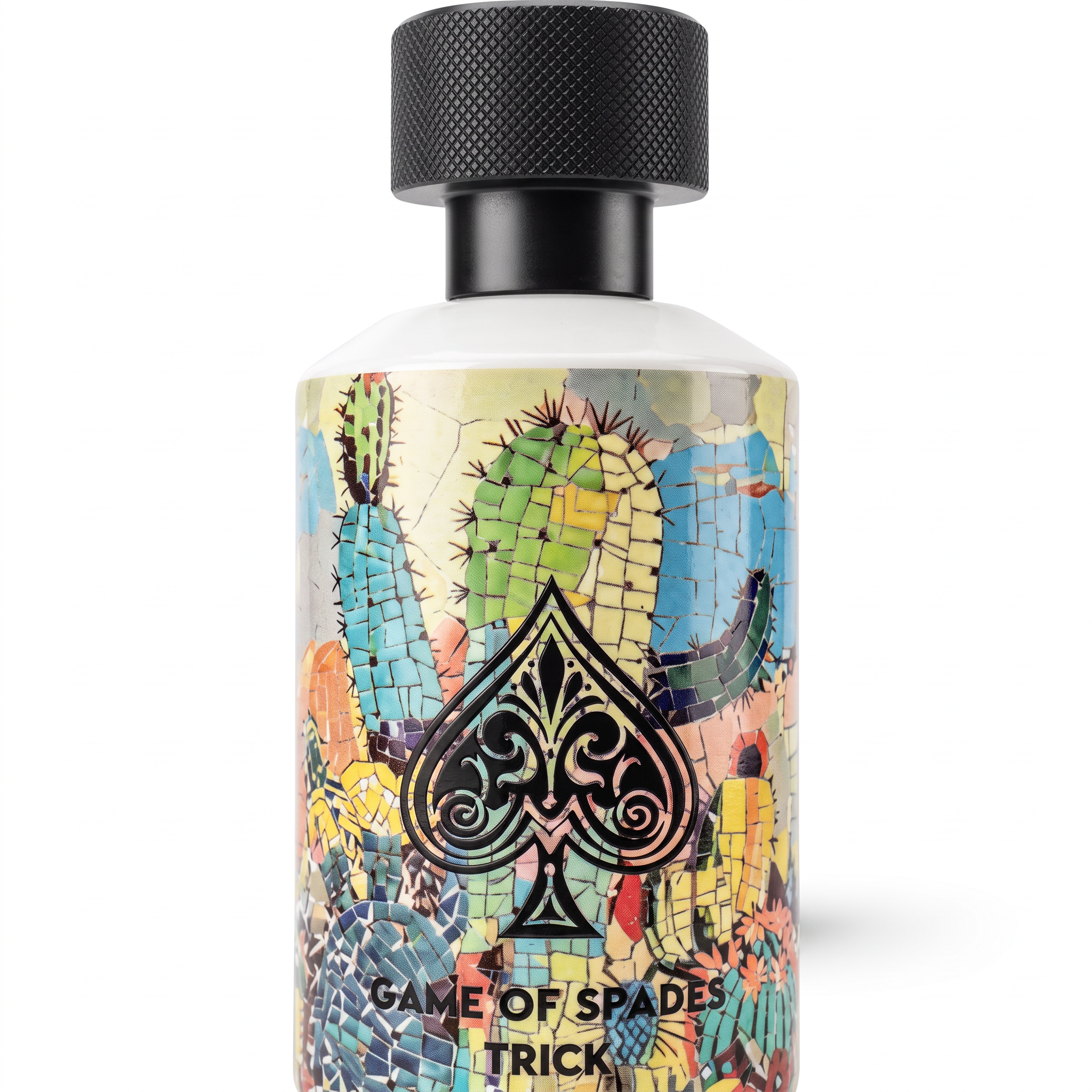 Palette 21 Jo Milano Game of Spades Trick eau de parfum bottle with a vibrant mosaic cactus design and black cap