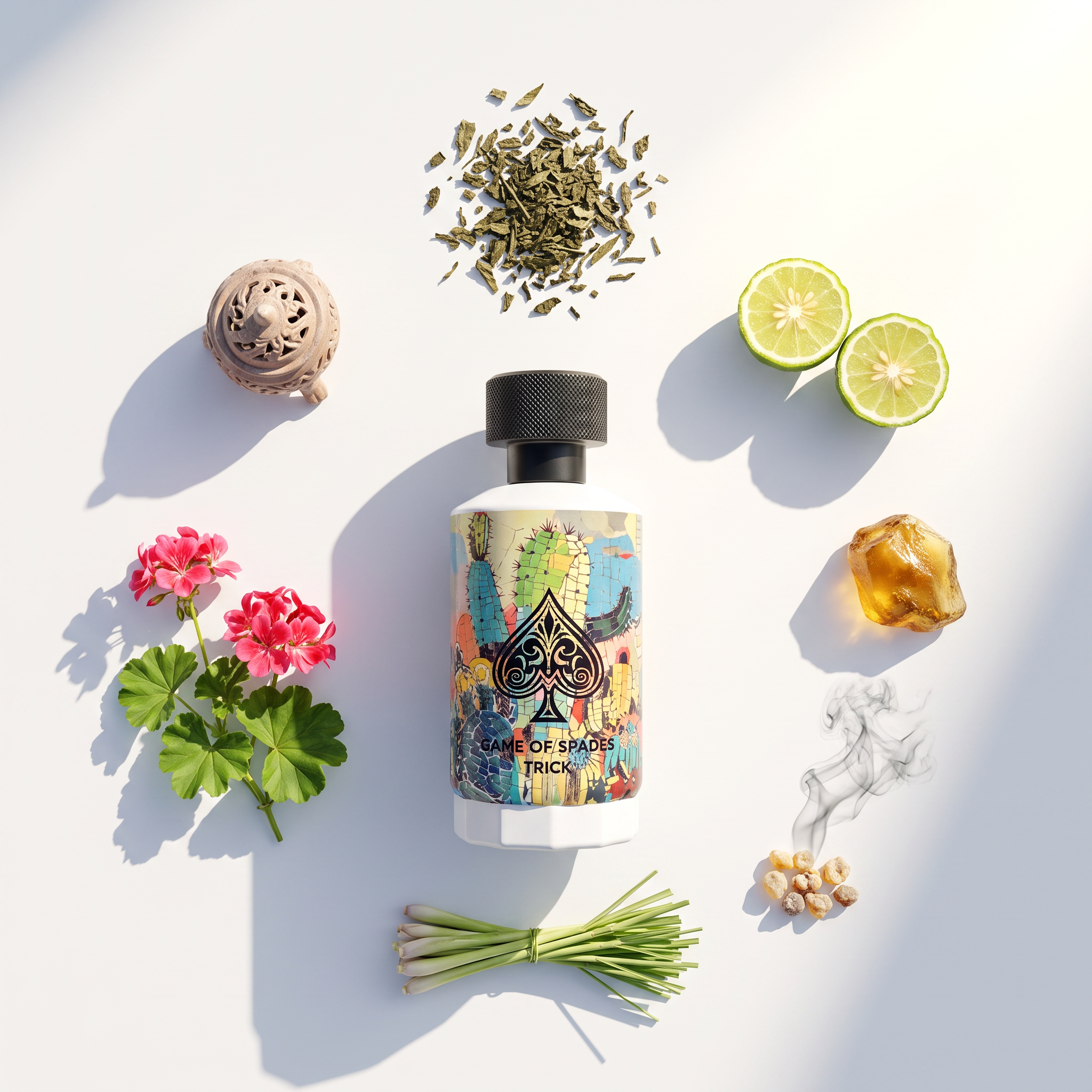 Palette 21 Jo Milano Game of Spades Trick perfume bottle surrounded by lime, herbs, and flowers on a white surface.