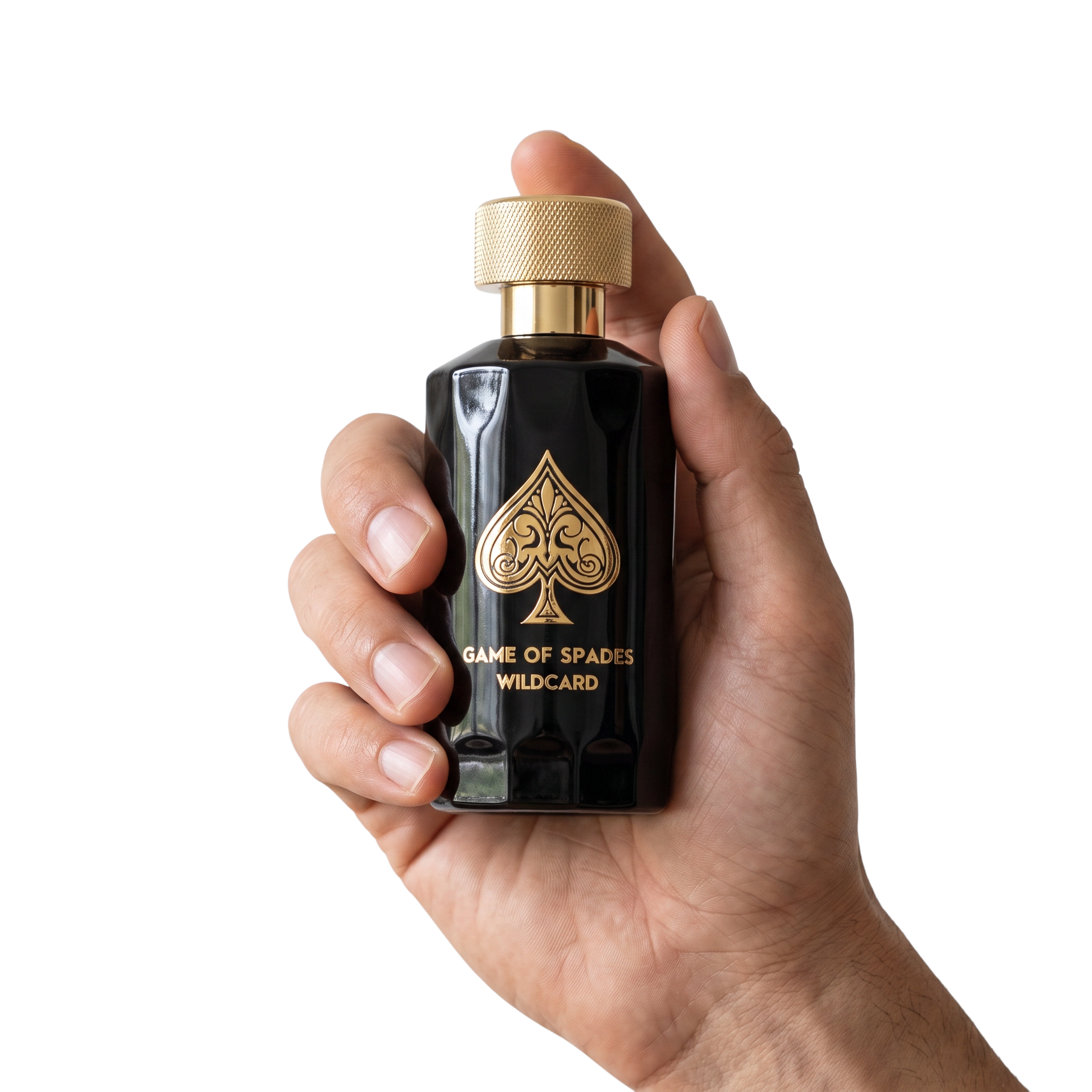Palette 21 Game Of Spades Wildcard parfum in a black bottle with a gold spade emblem held in a hand
