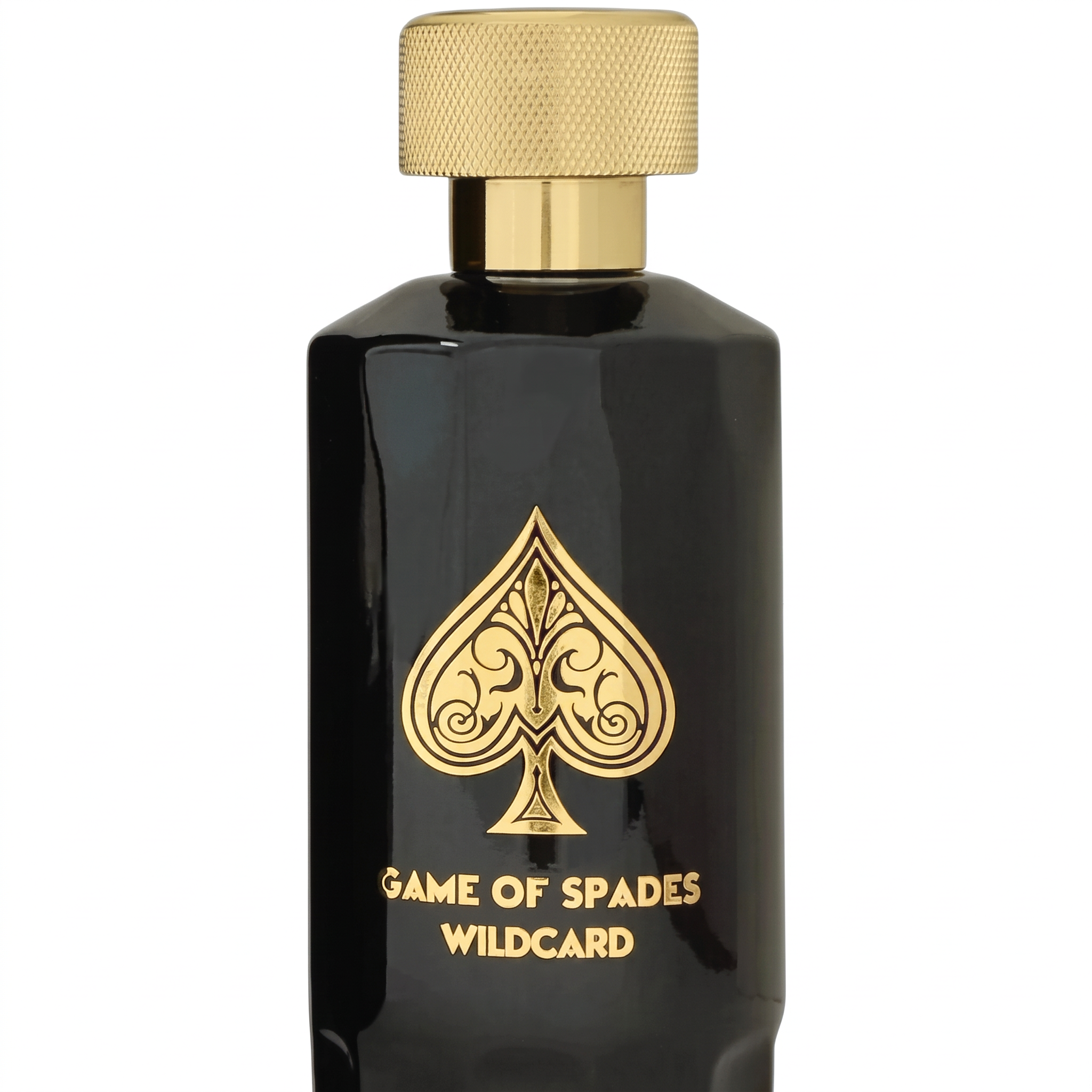 Palette 21 Game Of Spades Wildcard parfum in a black bottle with a gold spade emblem and textured gold cap.