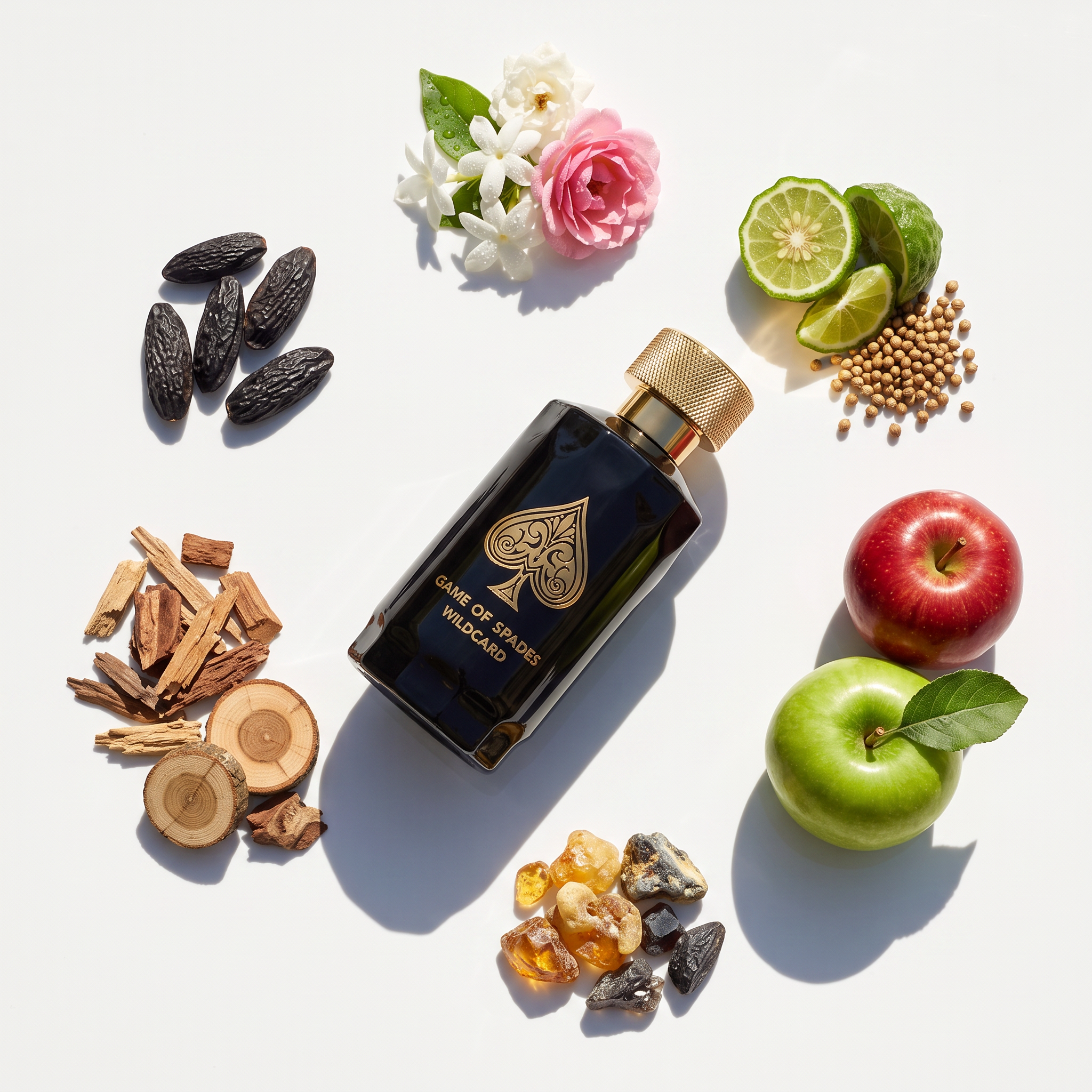 Palette 21 Game Of Spades Wildcard parfum bottle surrounded by fragrance notes like apples, citrus, and wood chips.