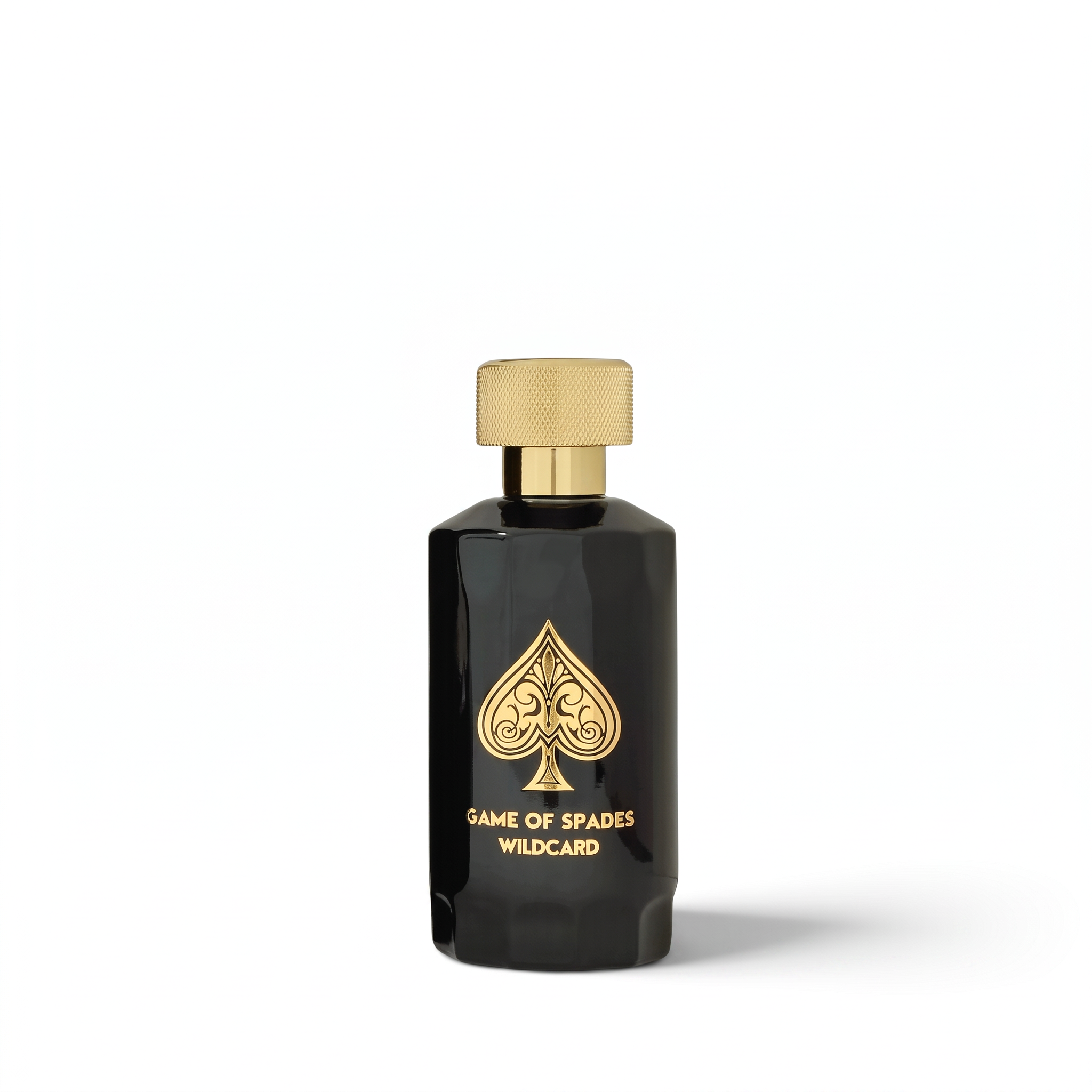 Palette 21 Game Of Spades Wildcard parfum in a black bottle with a gold spade emblem and textured gold cap.