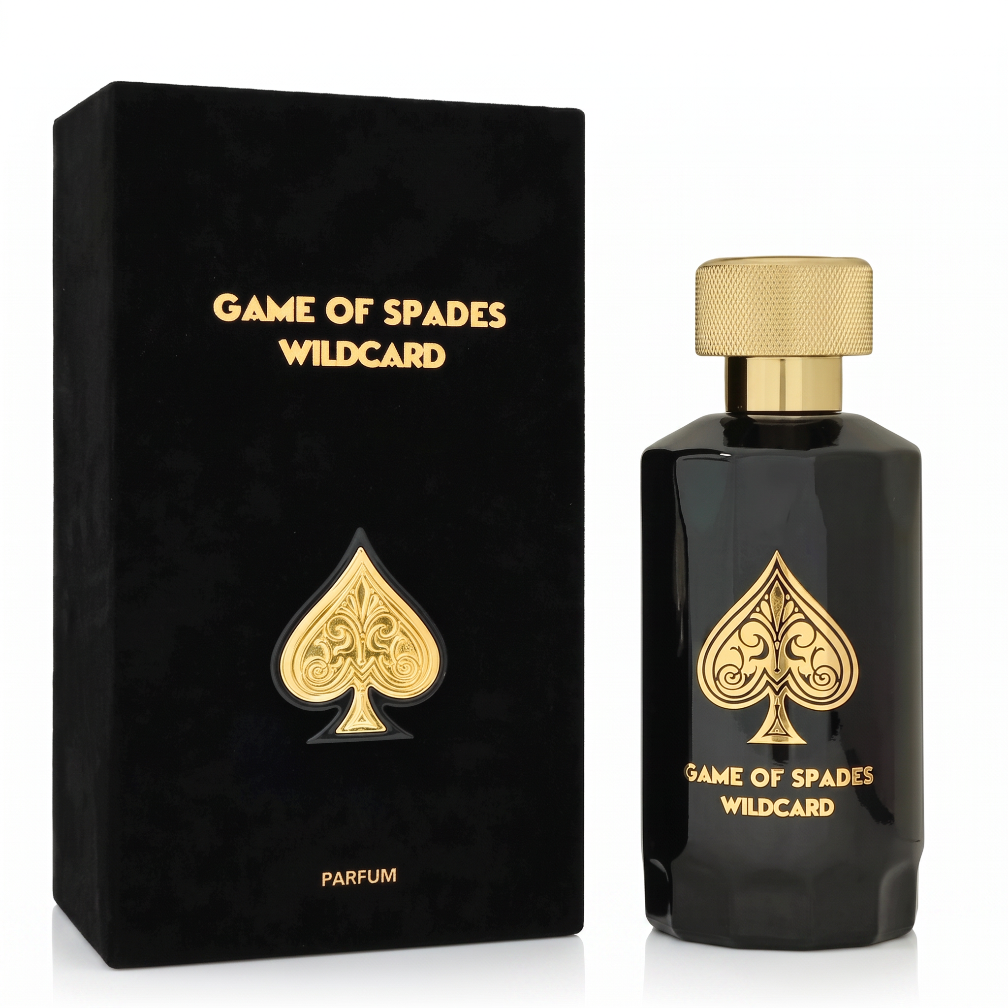 Palette 21 Game Of Spades Wildcard parfum bottle and black display box with gold spade emblem and textured gold cap.