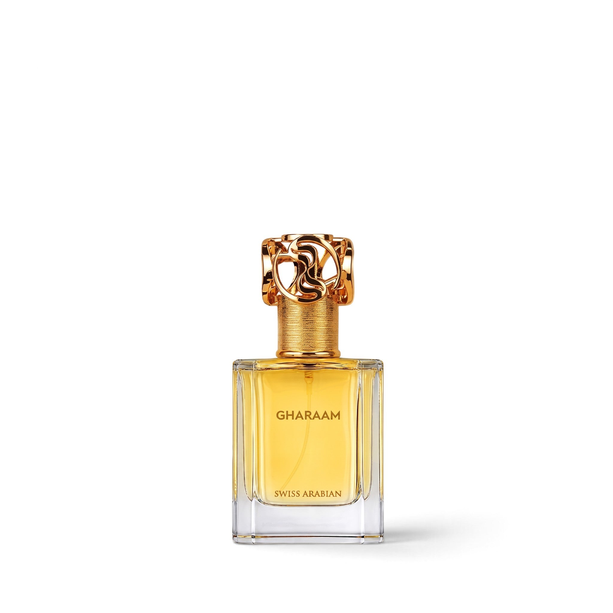 Palette 21 Gharaam perfume bottle with golden liquid and an ornate metallic gold cap on a white background