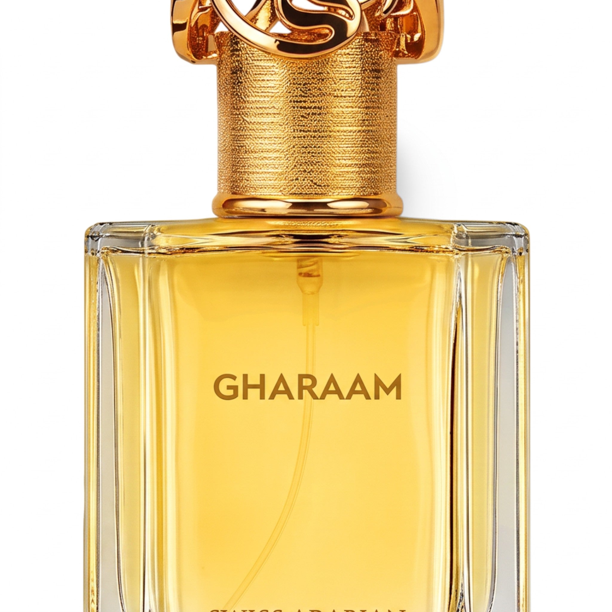 Palette 21 Gharaam perfume bottle with golden liquid and an ornate metallic gold cap on a white background