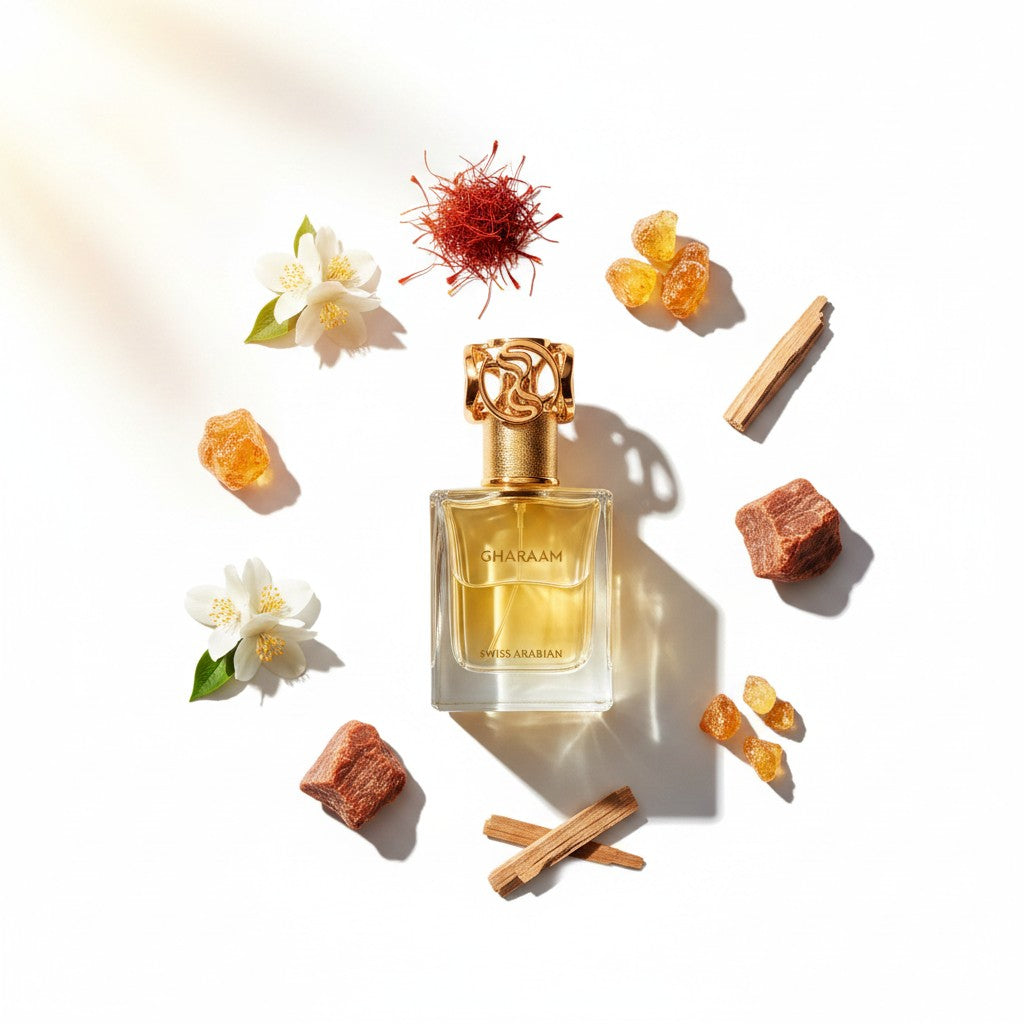 Palette 21 gharaam perfume bottle surrounded by saffron, jasmine flowers, and resin pieces on a white background