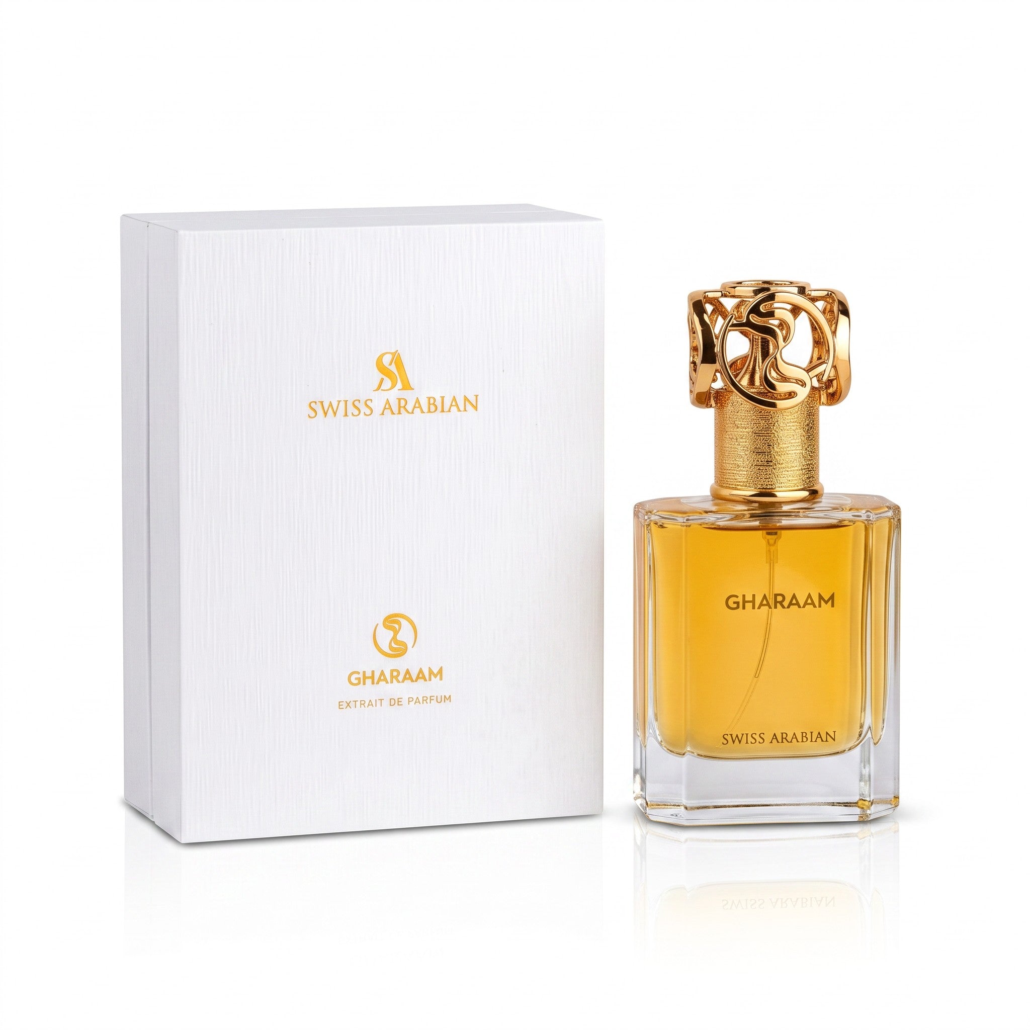 Palette 21 Gharaam Swiss Arabian extrait de parfum in a glass bottle with gold cap next to its white textured box.