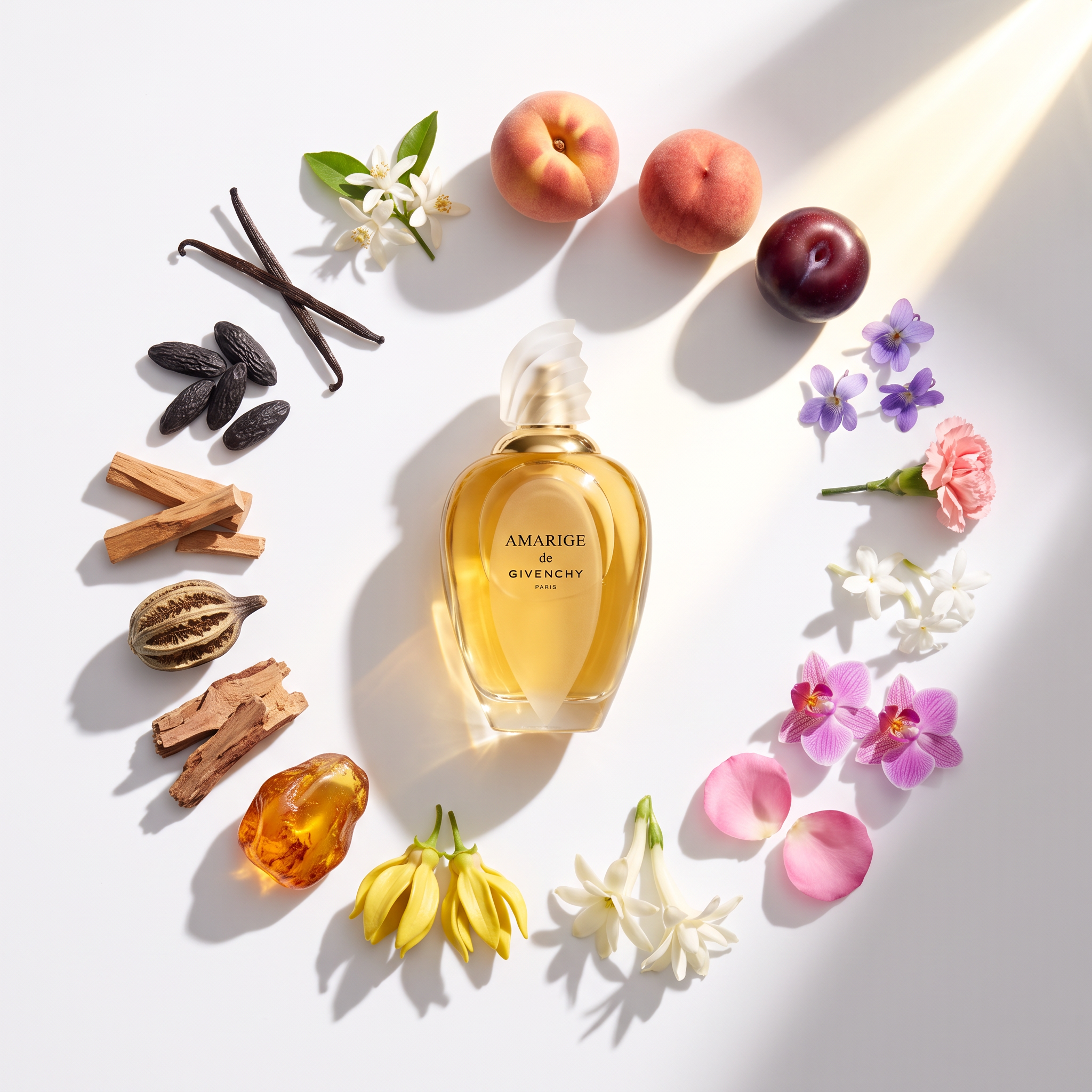 Palette 21 Givenchy Amarige Eau de Toilette surrounded by floral and fruit ingredients like peach, plum, and sandalwood.
