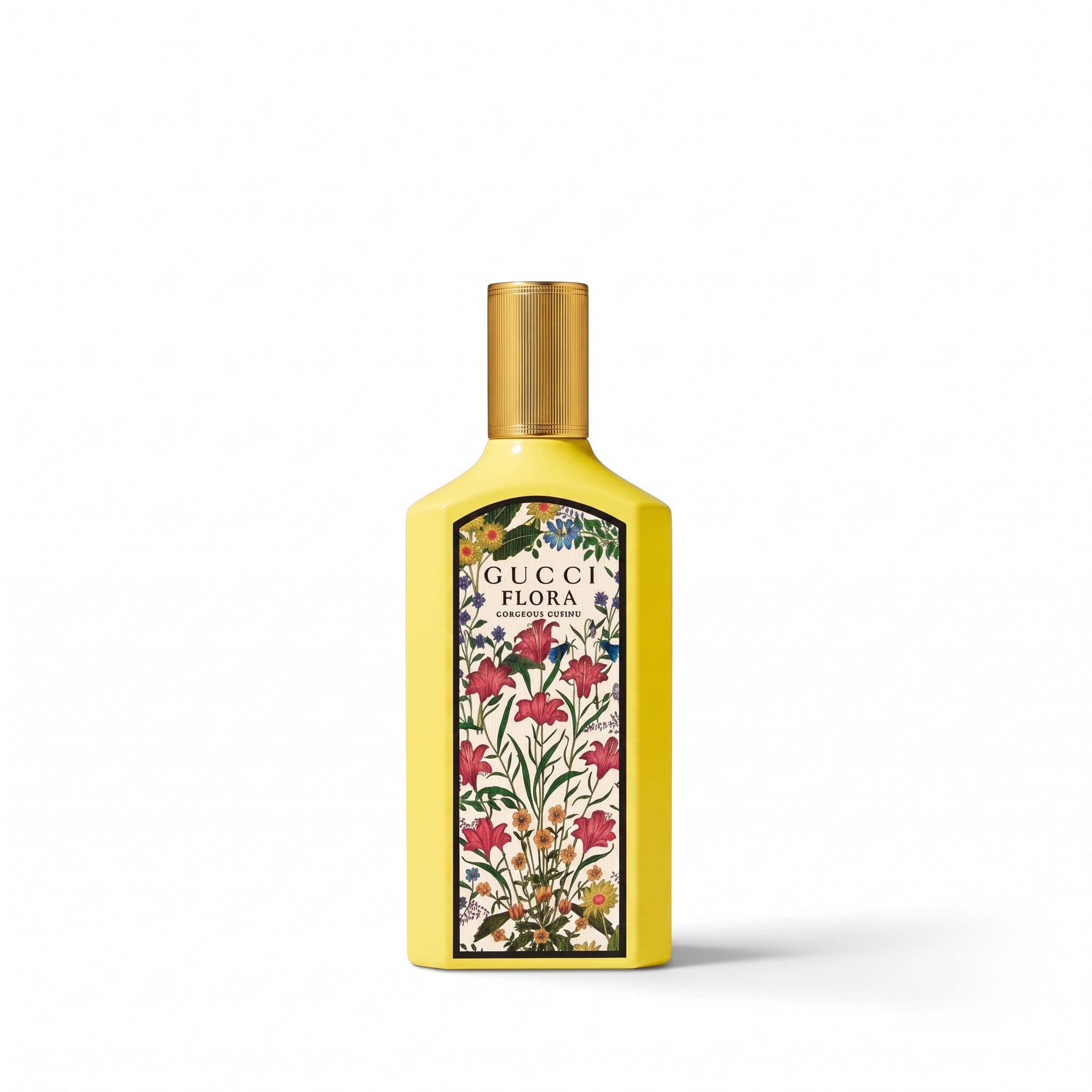 Palette 21 Gucci Flora Gorgeous Orchid perfume bottle in bright yellow with a vibrant floral botanical label.