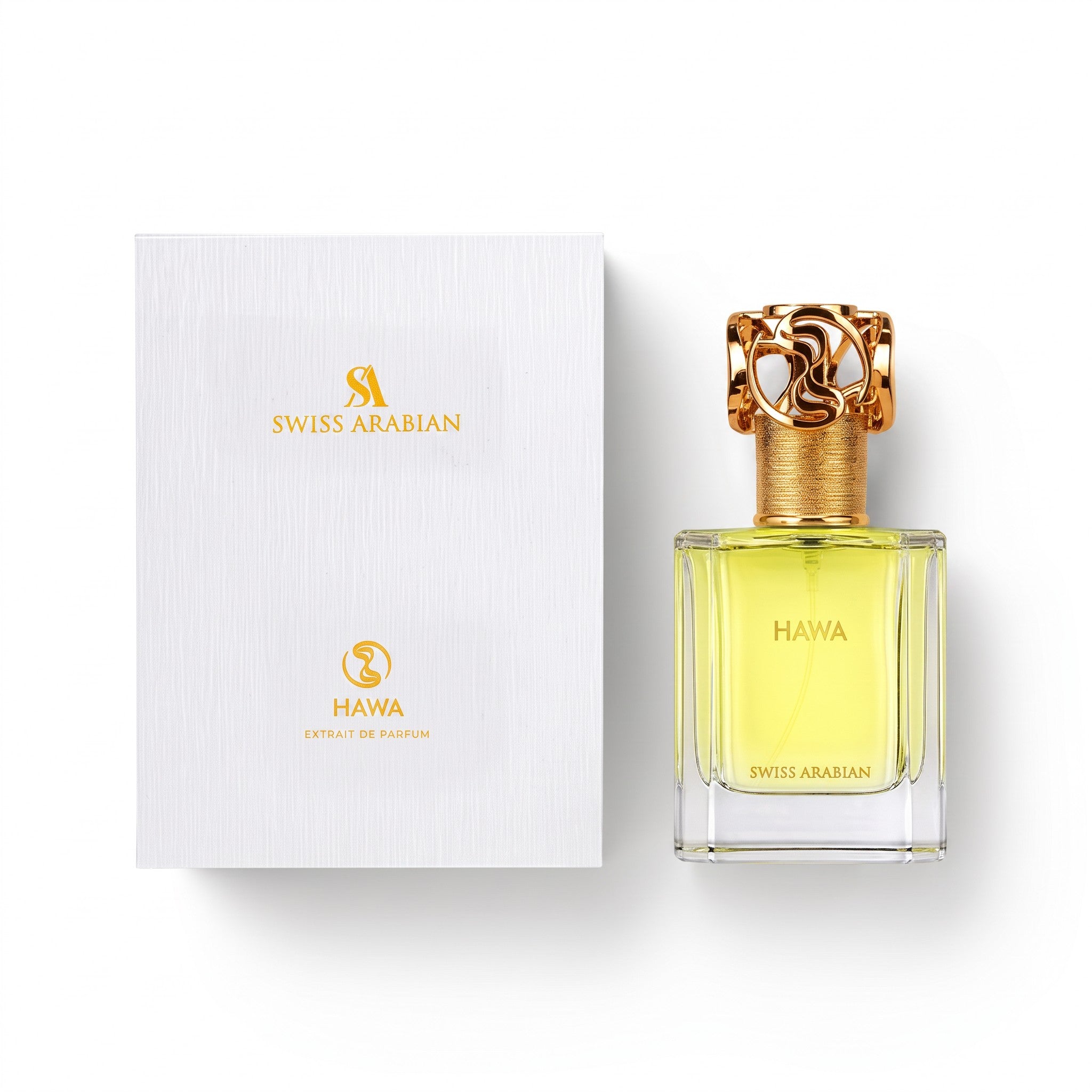 Palette 21 HAWA Swiss Arabian extrait de parfum in a glass bottle with a gold ornate cap next to its white box.