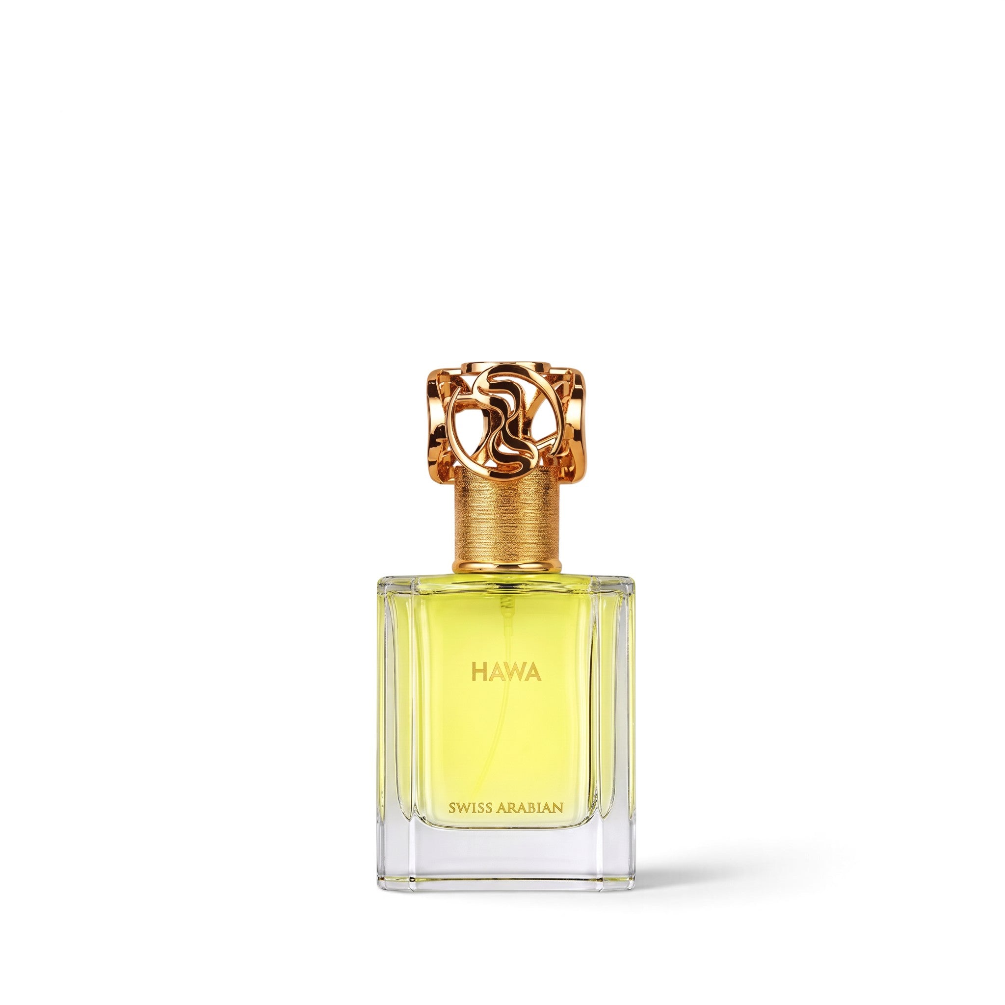 Palette 21 HAWA perfume in a clear glass bottle with a yellow liquid and an ornate gold cap on a white background