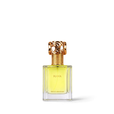 Palette 21 HAWA perfume in a clear glass bottle with a yellow liquid and an ornate gold cap on a white background
