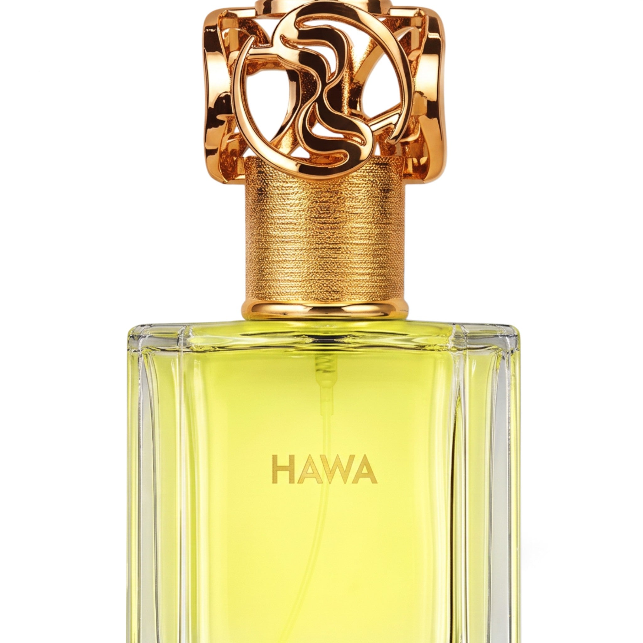 Palette 21 HAWA Swiss Arabian perfume in a clear glass bottle with a decorative gold cap and yellow fragrance liquid.