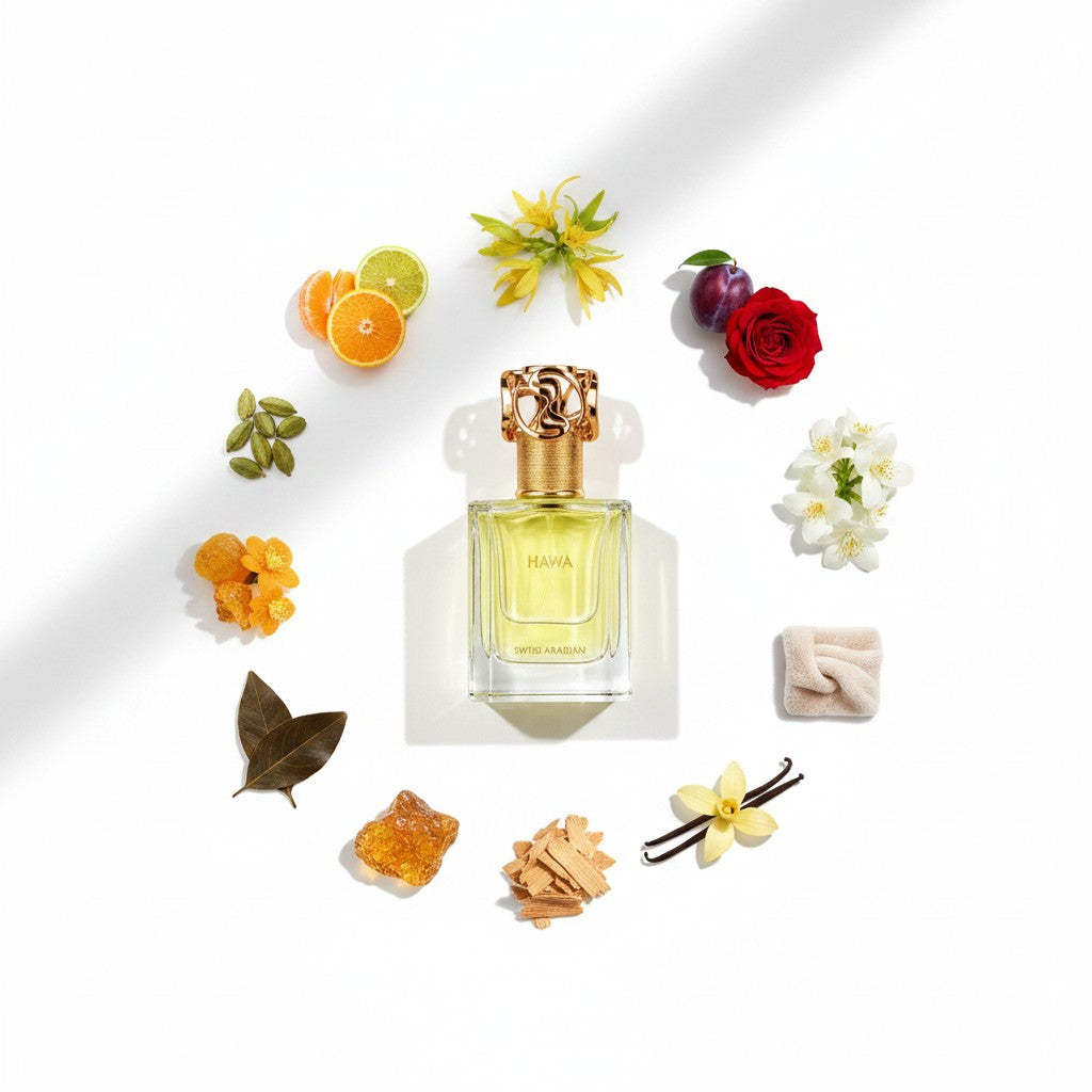 Palette 21 HAWA perfume bottle surrounded by a circular arrangement of citrus, floral, and woody fragrance ingredients.