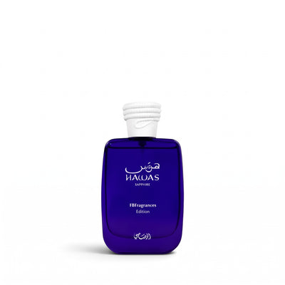 Palette 21 Hawas Sapphire Rasasi EDP in a deep blue glass bottle with a white textured cap, 100ml unisex fragrance.