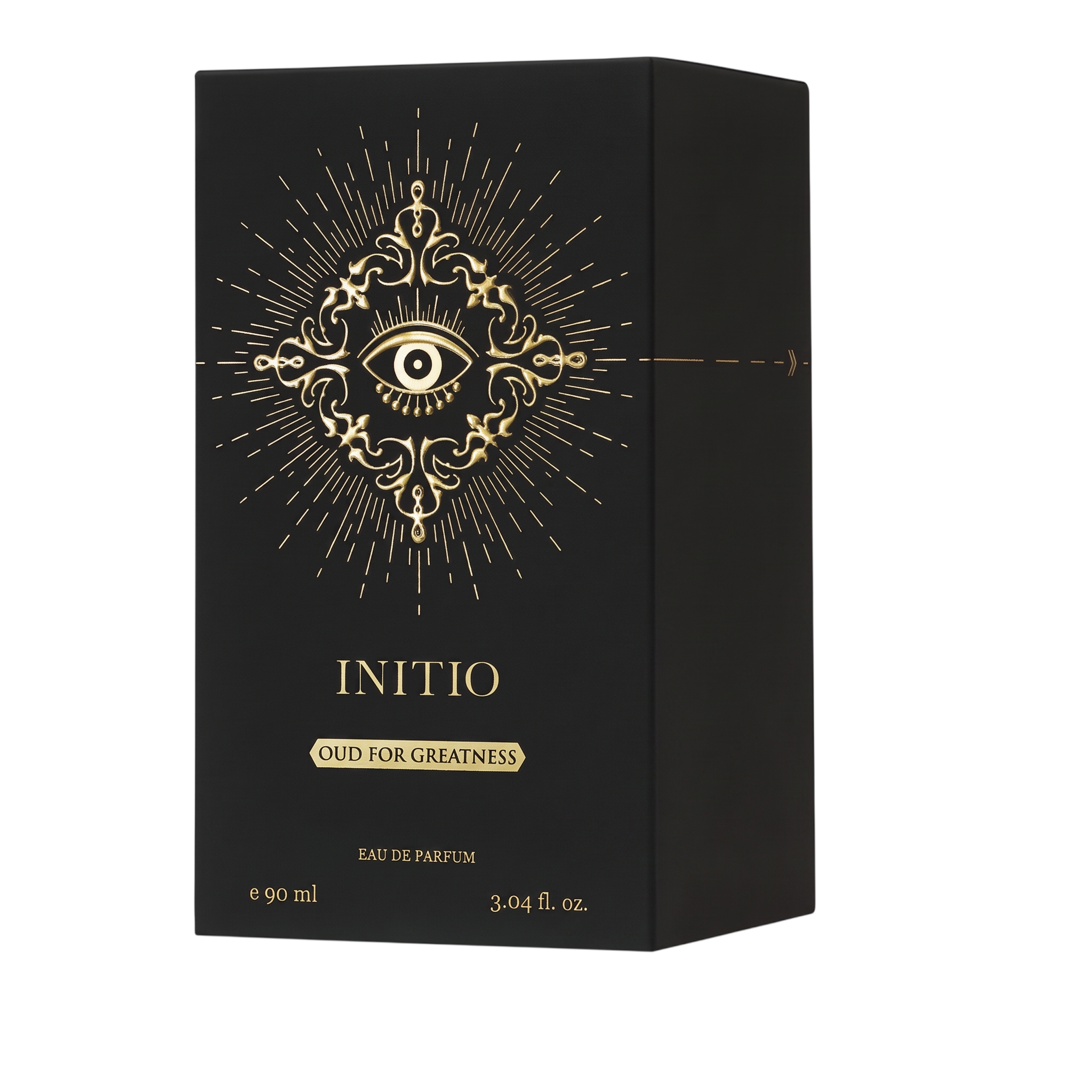 Palette 21 Initio Oud for Greatness eau de parfum bottle in a black box with gold eye and sunburst graphic design