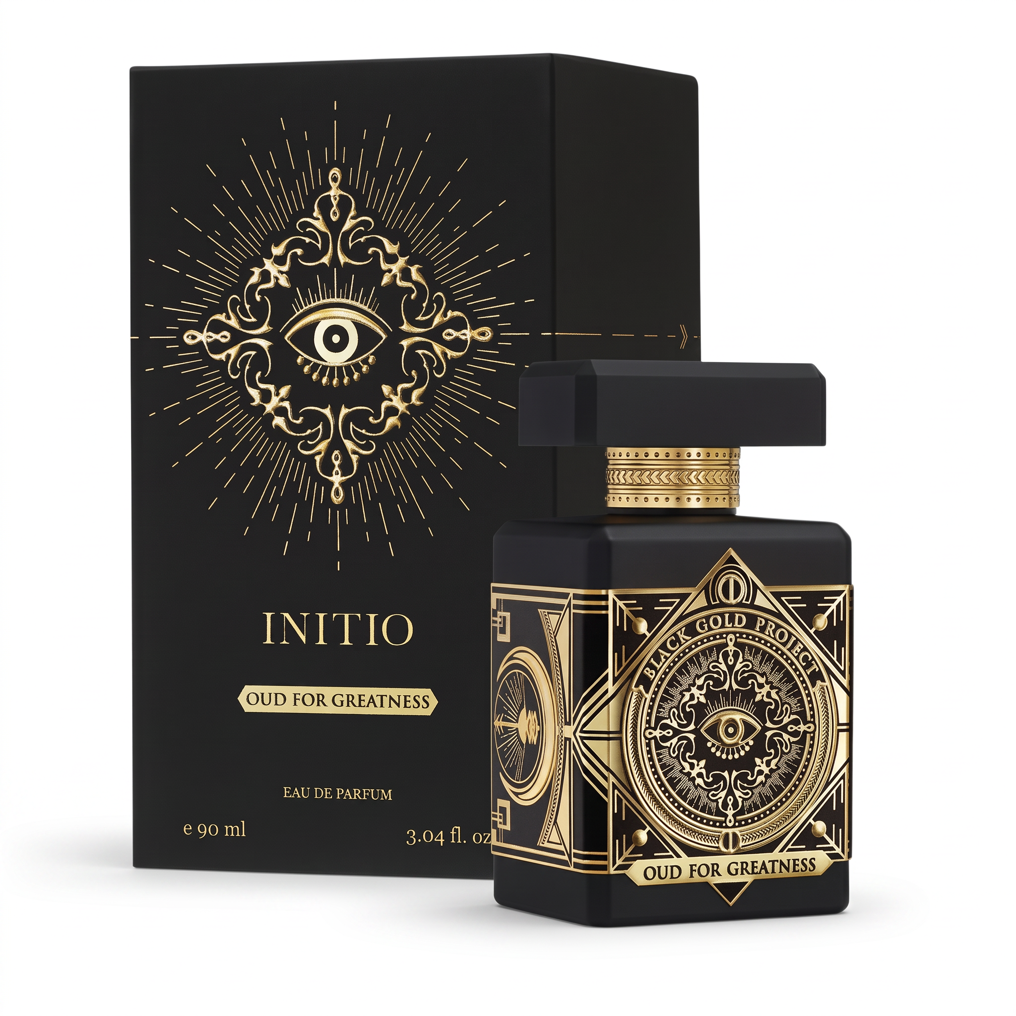 Palette 21 Initio Oud for Greatness eau de parfum bottle and black box with gold geometric eye design