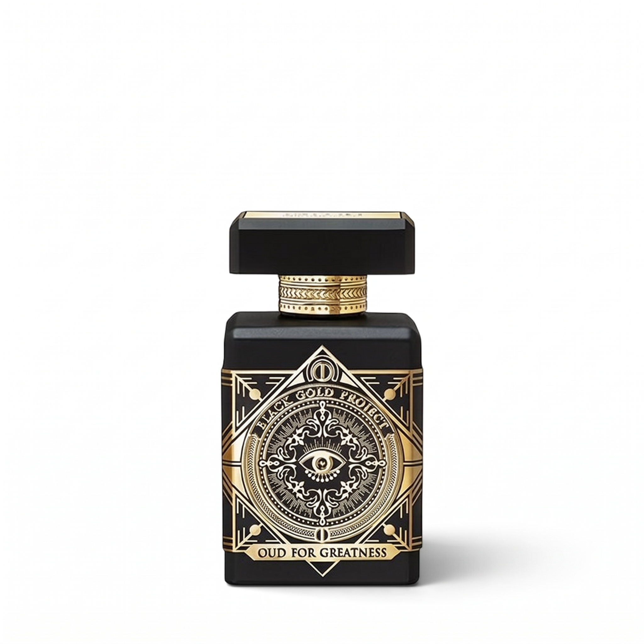 Palette 21 Initio Oud for Greatness perfume bottle in matte black with intricate gold geometric and eye detailing