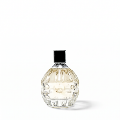 Palette 21 Jimmy Choo Eau de Parfum in a round, textured glass bottle with a black cap against a white background.