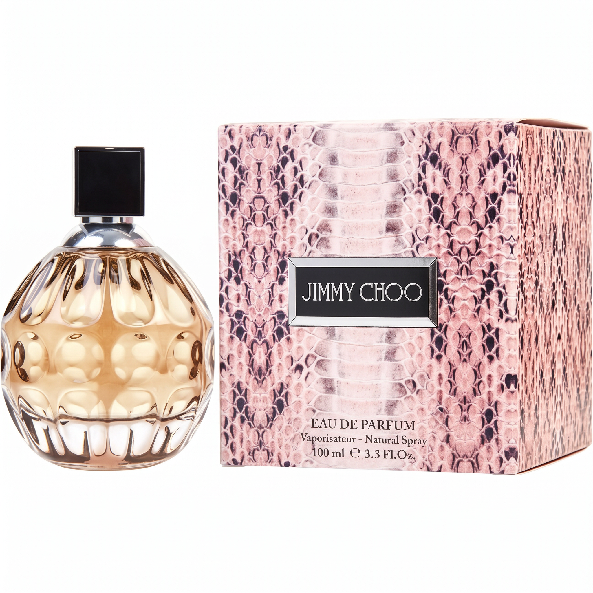Palette 21 Jimmy Choo Eau de Parfum spray bottle with textured glass and matching pink snakeskin pattern box